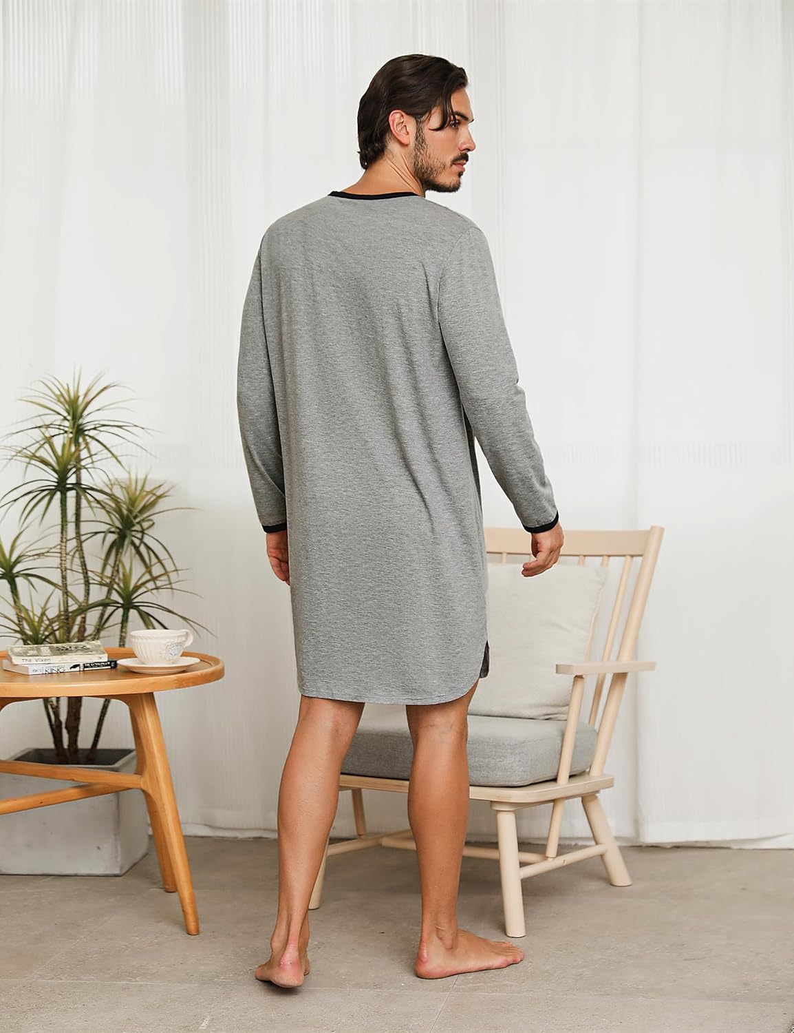 Detalle de Uniexcosm Chemise de Nuit pour Hommes – Hauts de Pyjama à Manches Longues et Col Rond