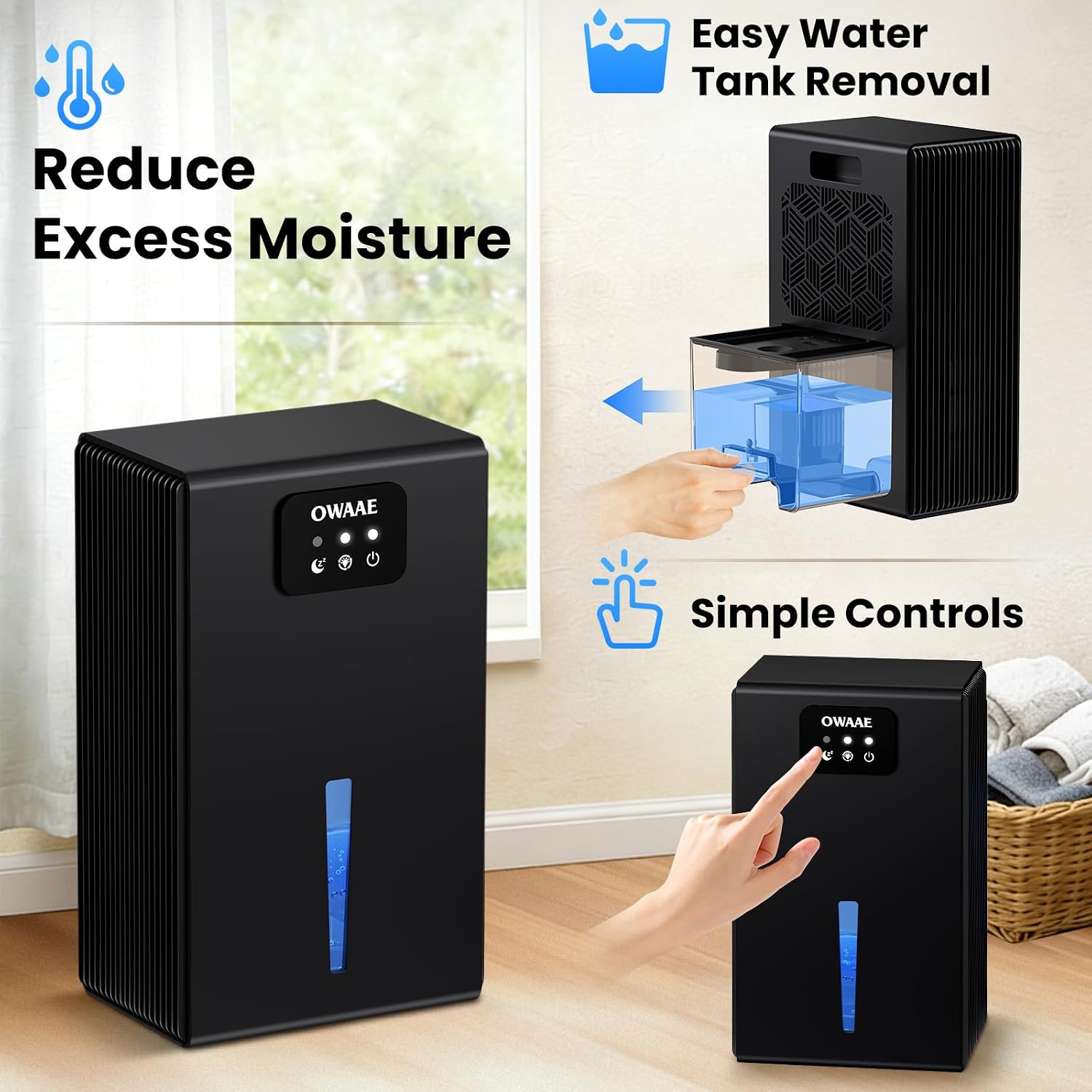 Thumbnail 6 de OWAAE Dehumidifier: 1000 sq.ft Quiet Moisture Control with 95oz Tank, Sleep Mode, Auto Shut-Off, and 7-Color LED Light