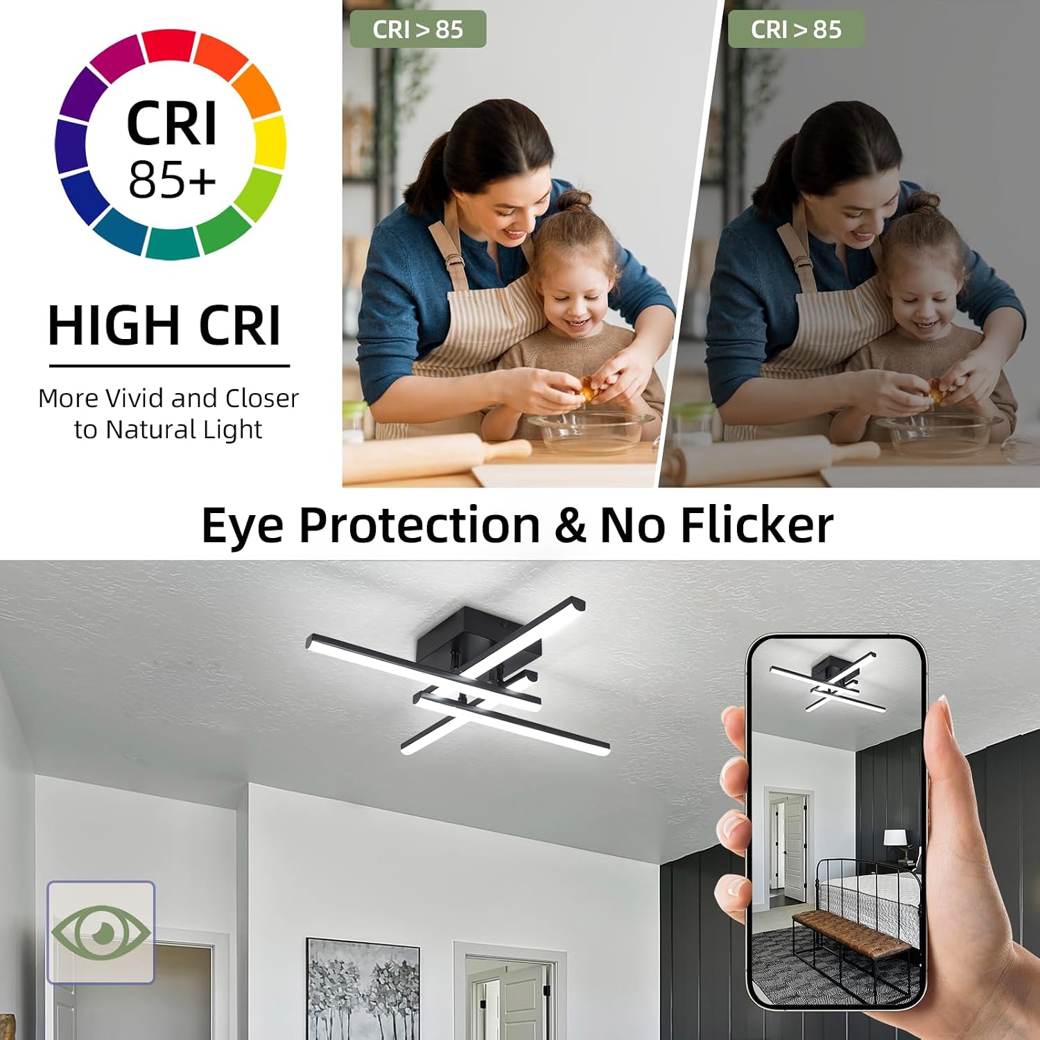 Thumbnail 6 de EIDISUNY Modern LED Ceiling Light (24W) Black with 4 Built-in LED Boards, 6500K Cool White