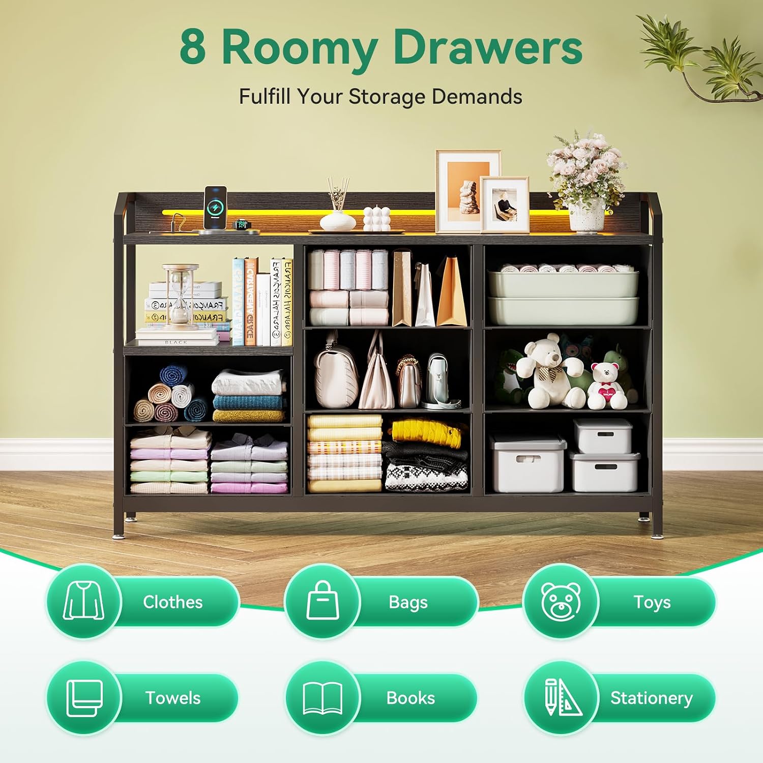Thumbnail 5 de ODK Black Chest of Drawers Bedroom with LED Light, 8 Fabric Drawers and USB/AC Outlets