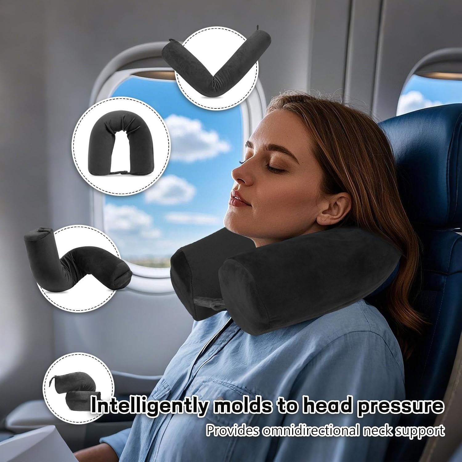 Detalle de EPROICKS Reisekissen für Flugzeug mit biegbarem Nackenhörnchen (Memory Foam), Schwarz