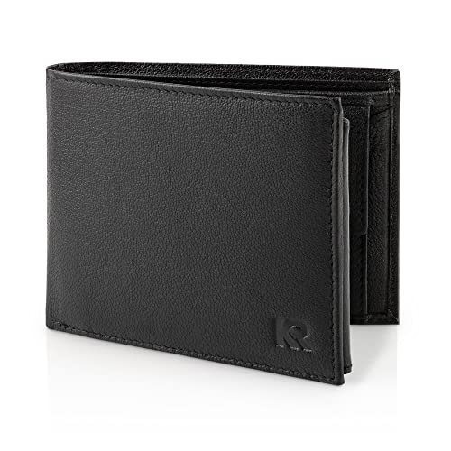 Detalle de KRONIFY cartera de piel auténtica Nappa negra con protección RFID y 13 compartimentos