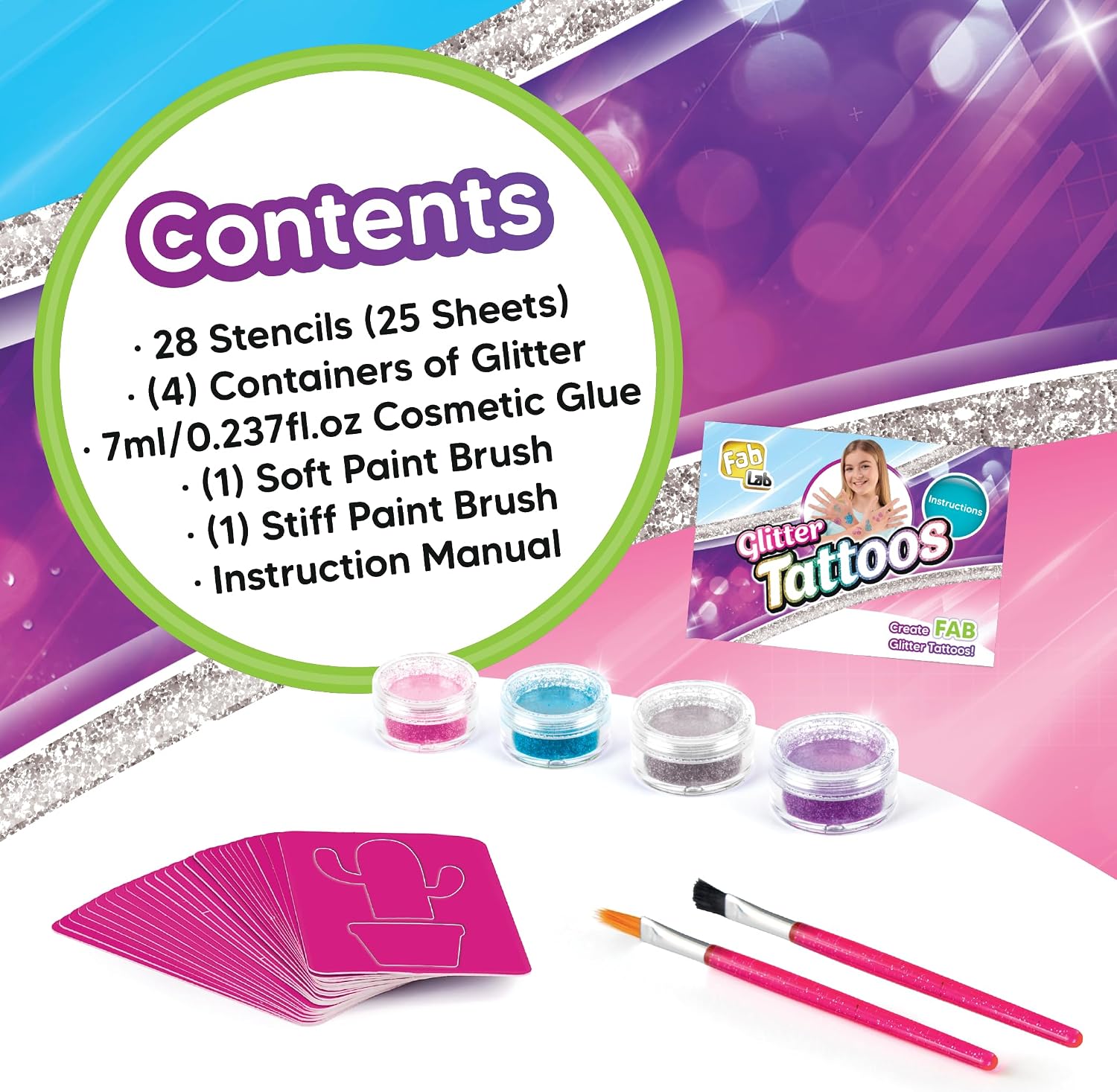 Detalle 2 de FabLab Glitter Tattoos | Create FAB Glittery Kids Tattoos with 28 Stencils and 4 Biogel Glitter Colours