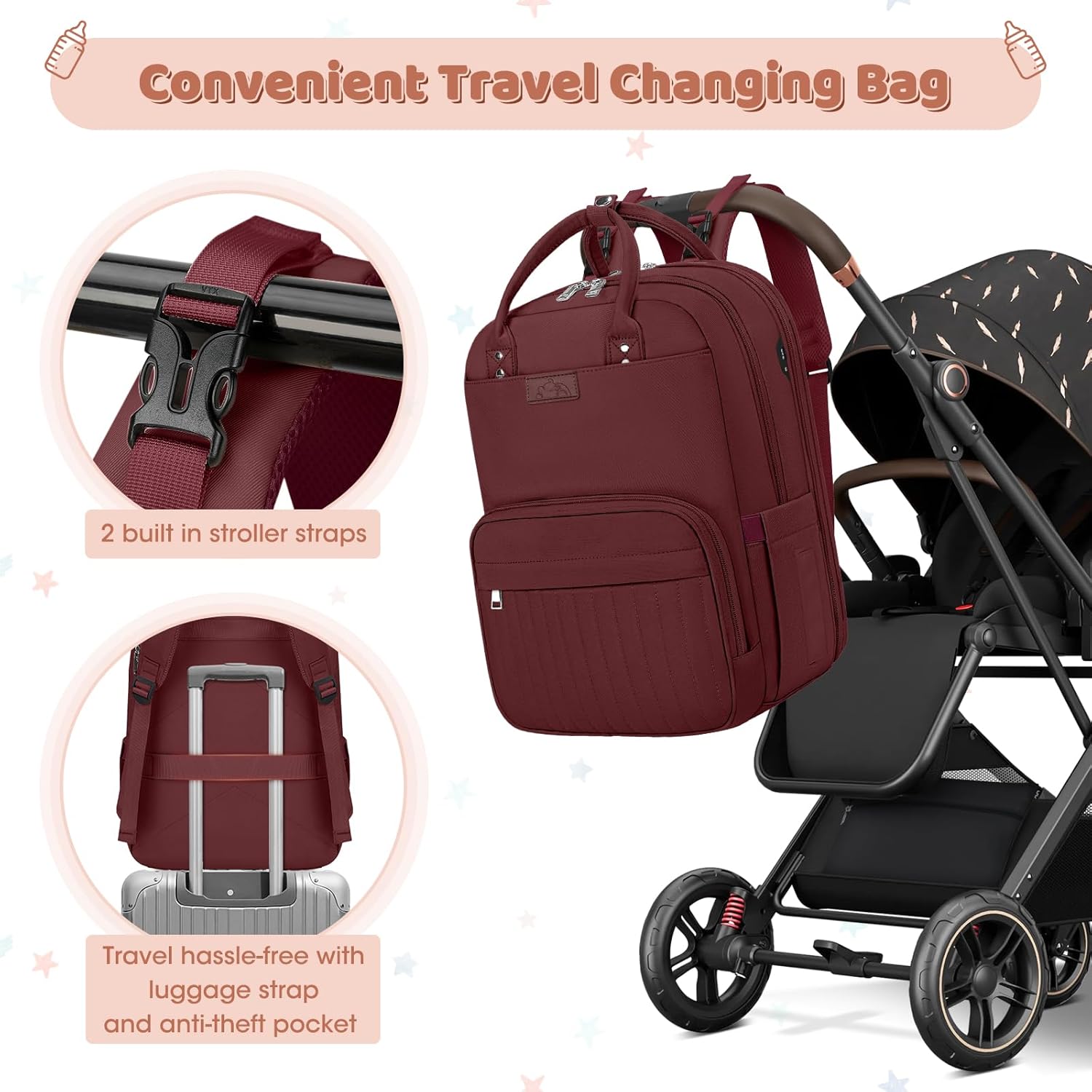 Detalle de Red Baby Changing Bag Backpack with Portable Changing Mat & Waterproof Nappy Laundry Bag