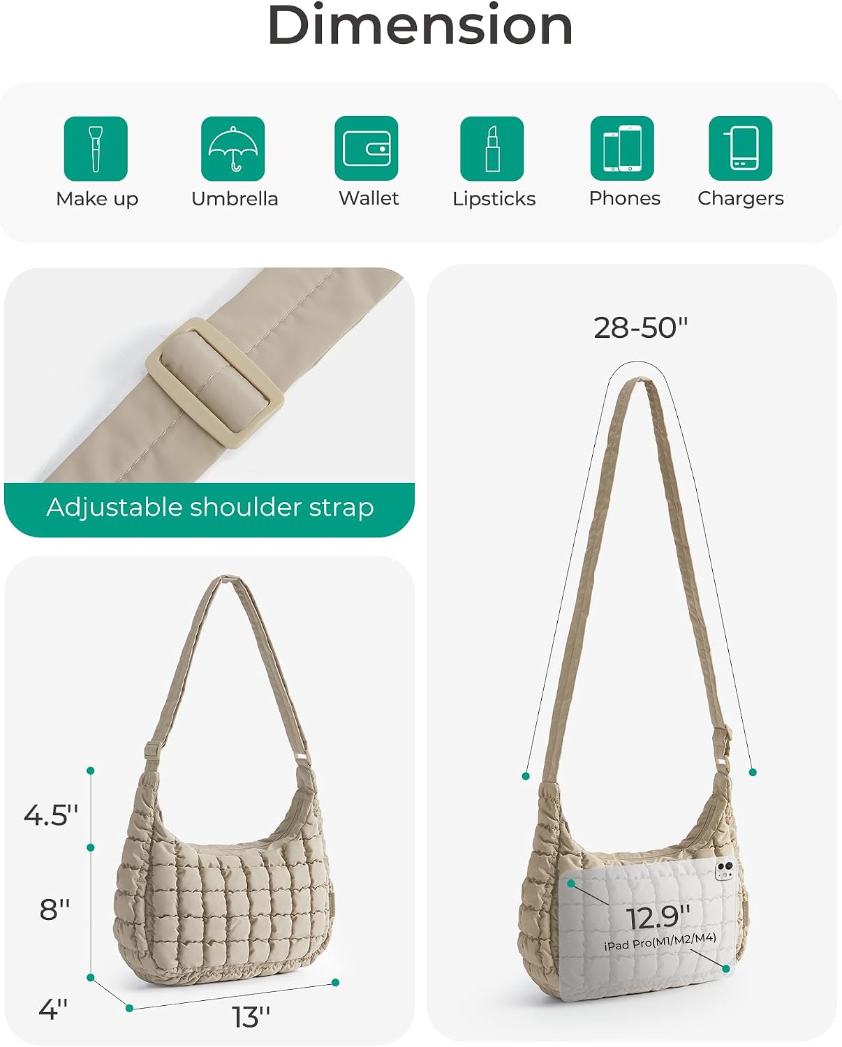 Detalle 2 de Crossbody quilted hobo bag 13x4x8 in