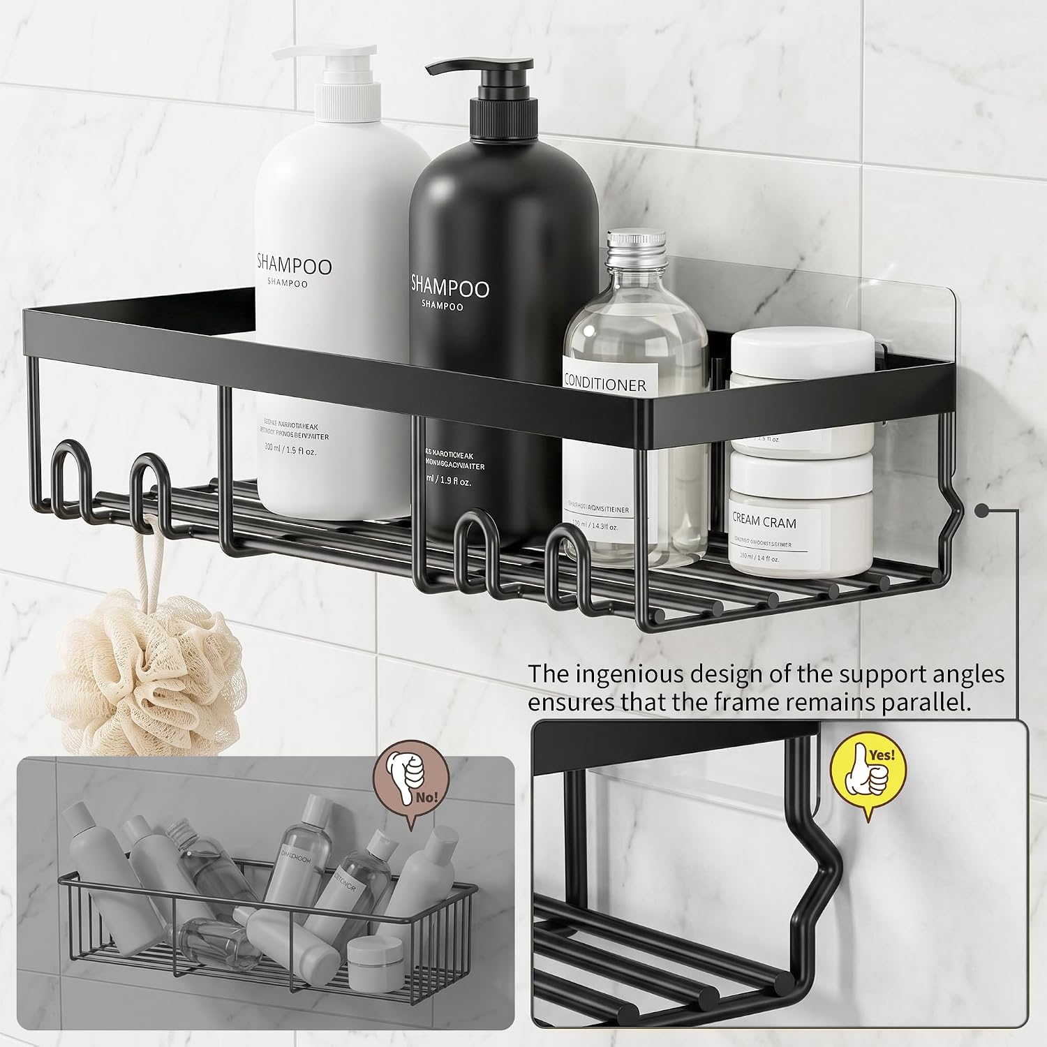 Detalle de Moforoco Shower Caddy Shelf Organizer, 2-Piece Black Adhesive Set with Hooks