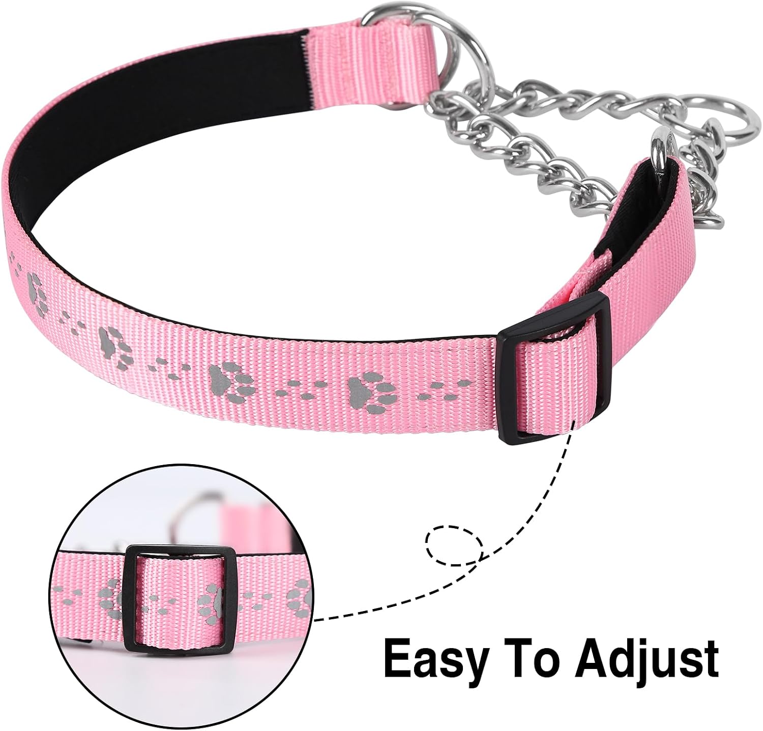 Thumbnail 6 de TDTOK MT-01 Martingale Dog Collar, Reflective Pink Nylon, Steel Chain and Neoprene Padding