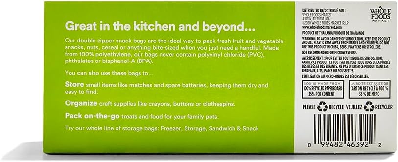 Detalle 2 de 365 by Whole Foods Market Snack Size Storage Bags — Double Zipper, 50 Count