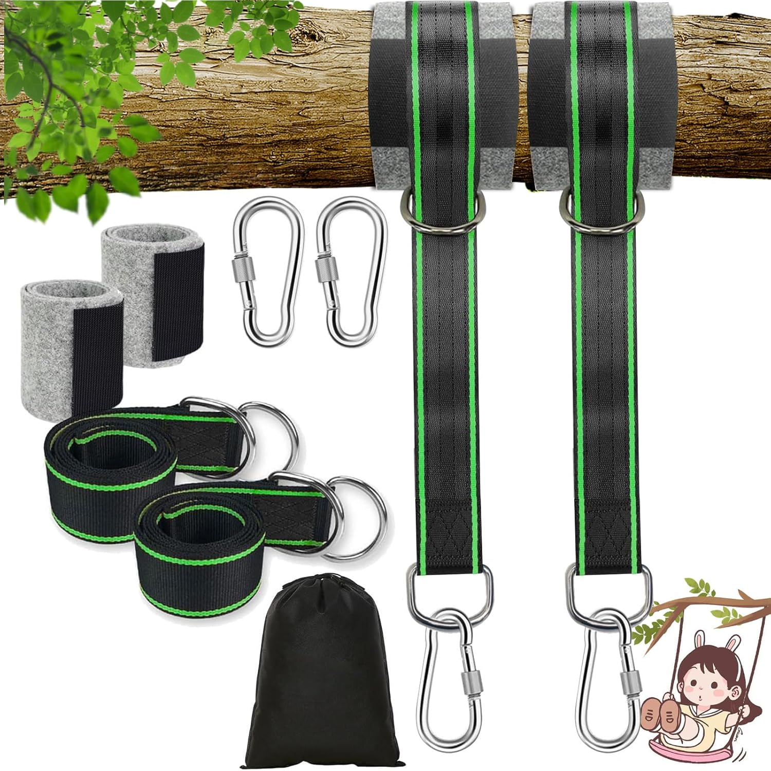 900 kg Schaukel-Set Outdoor Befestigung – Baum-Schaukel, Hängematte, inkl. Karabiner, D-Ringe, Baumschutzpolster und Tragetasche