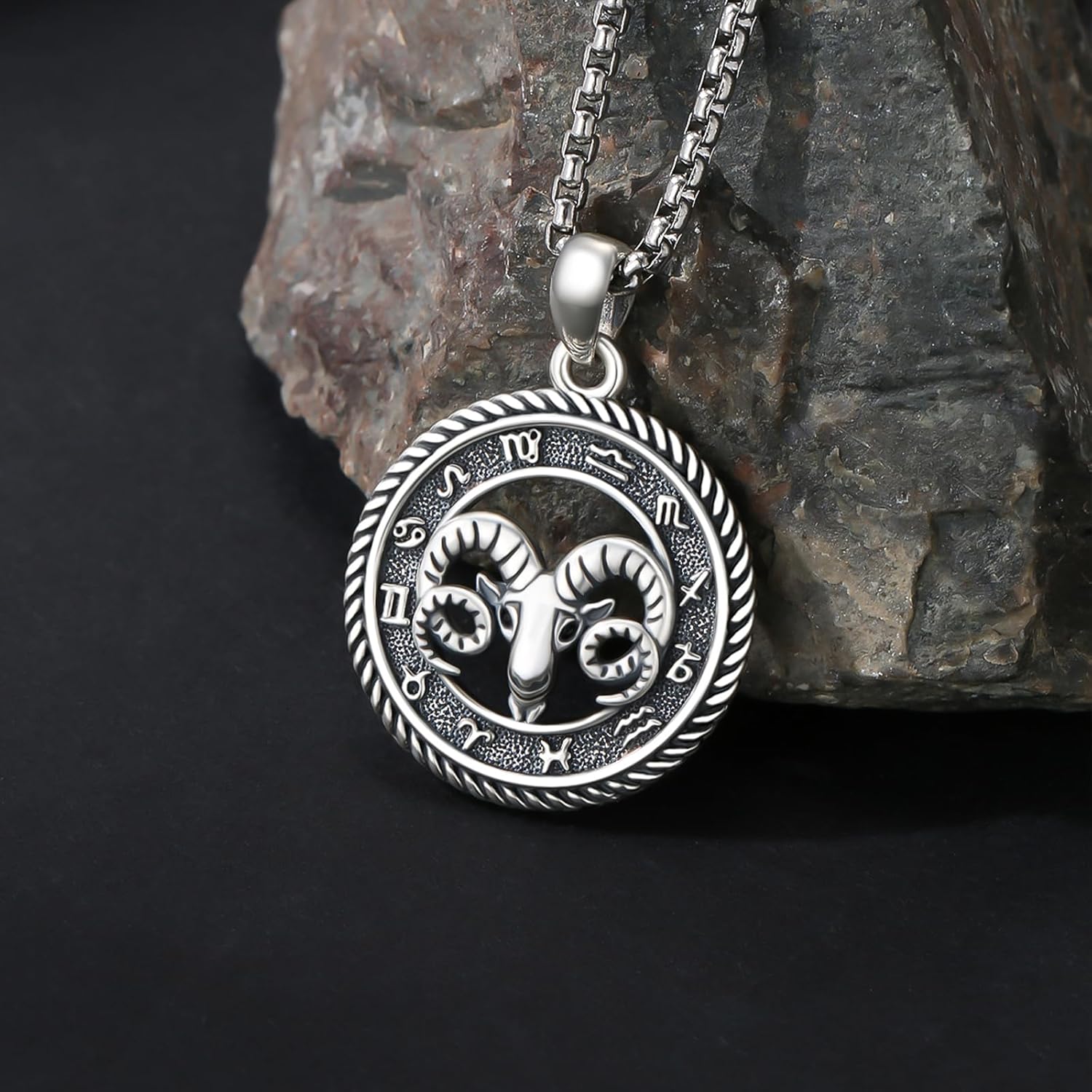 Thumbnail 2 de PARYFO 12 Sternzeichen Anhänger Halskette – 925 Sterling Silber oxidiert, Widder Symbol, Kette aus Edelstahl, Geschenkset