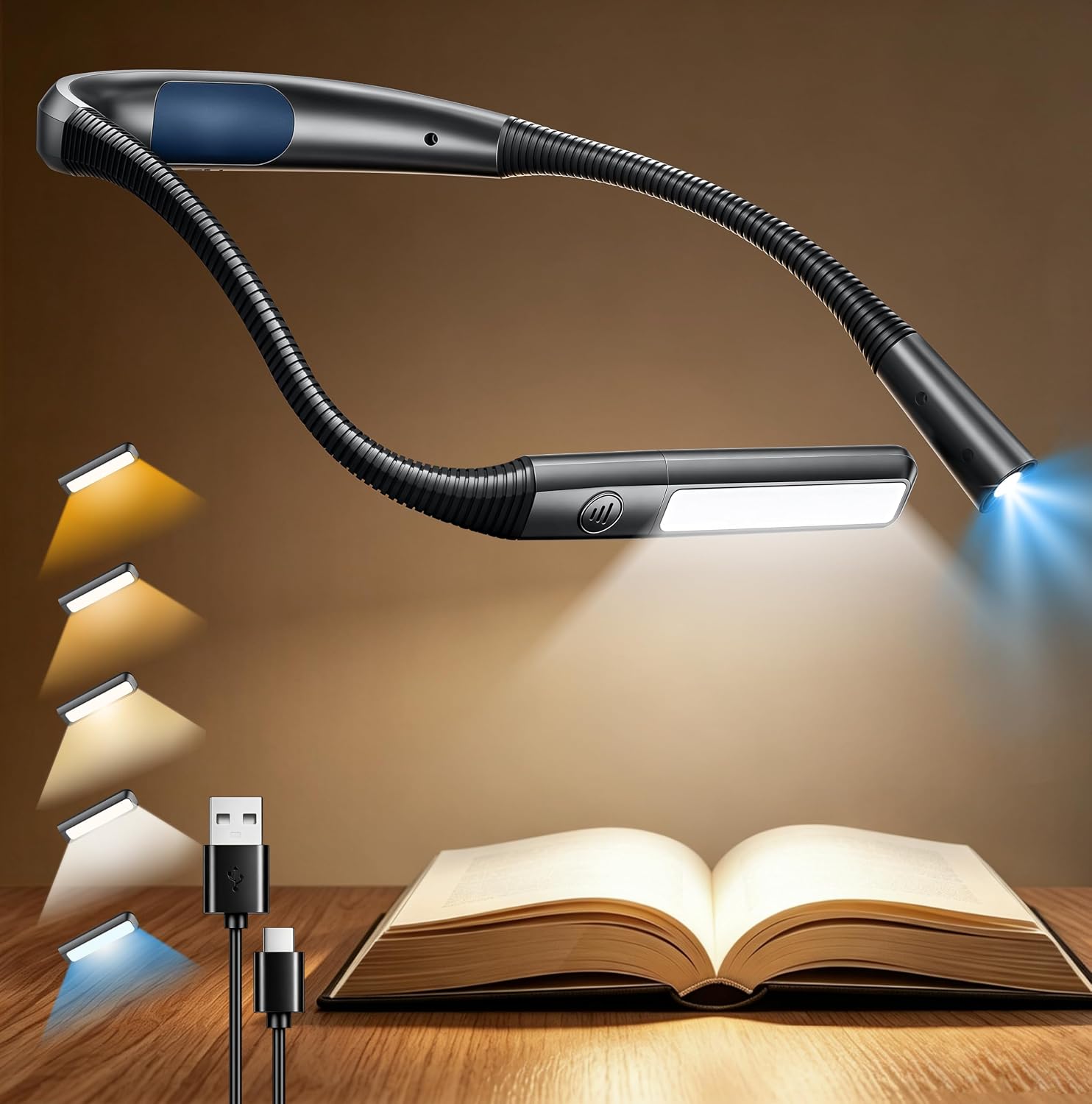Detalle de Glocusent Neck Reading Light: 100-Hour Rechargeable, 5-Colour Stepless Dimming Neck Lamp