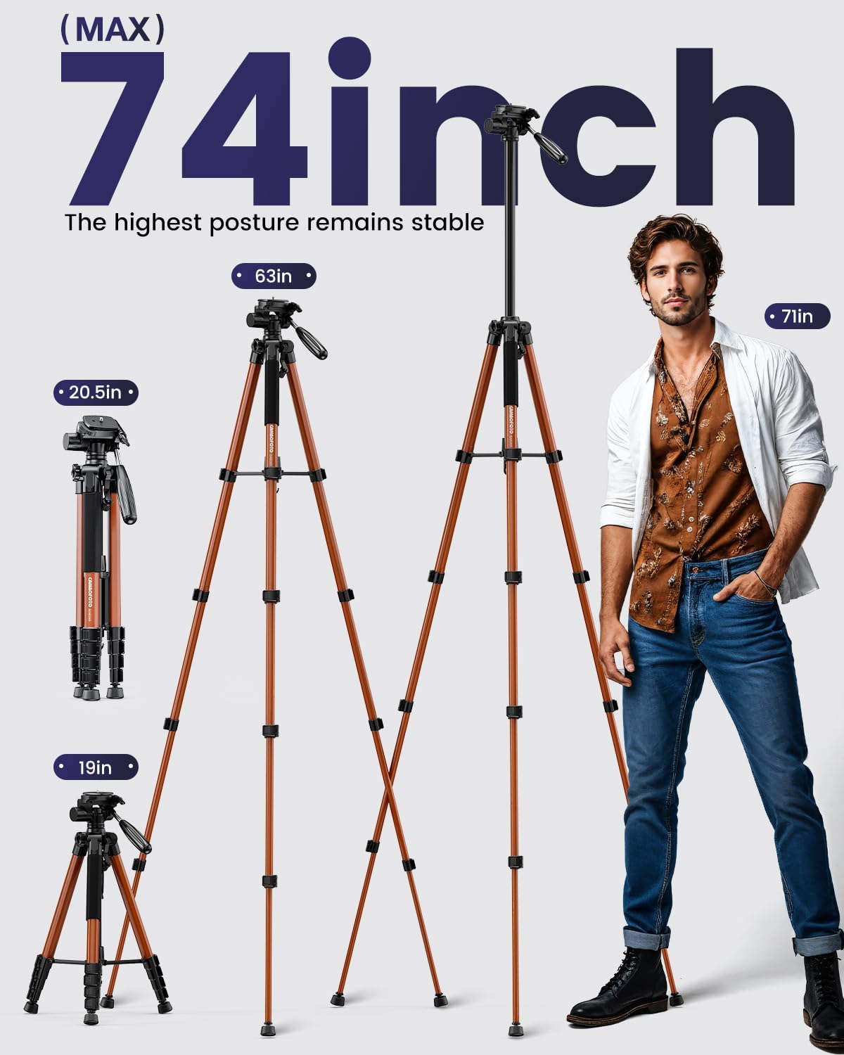 Detalle de CAMBOFOTO SAB265 74-Inch Camera Tripod, Orange Aluminum, 360° Pan Head