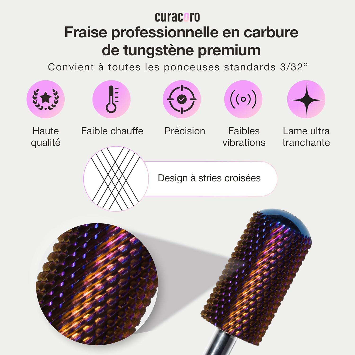 Detalle de Curacoro Embouts de ponceuse 3/32'' en carbure — forme L et grain moyen pour finition d’ongles en gel ou acrylique