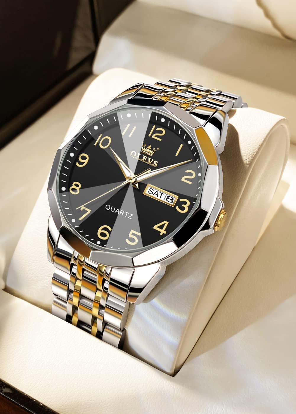 Detalle de OLEVS Herrenuhr in Gold/Silber – Business-Kleid Luxe mit Quarzwerk, leuchtendem Zifferblatt und 30 m Wasserschutz