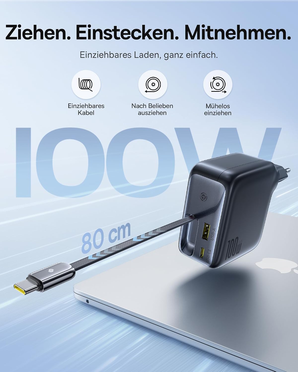 Detalle de Baseus Enercore USB-C 100W Ladegerät mit ausziehbarem Kabel und 3 Ports – GaN, kompakt und intelligentes Laden