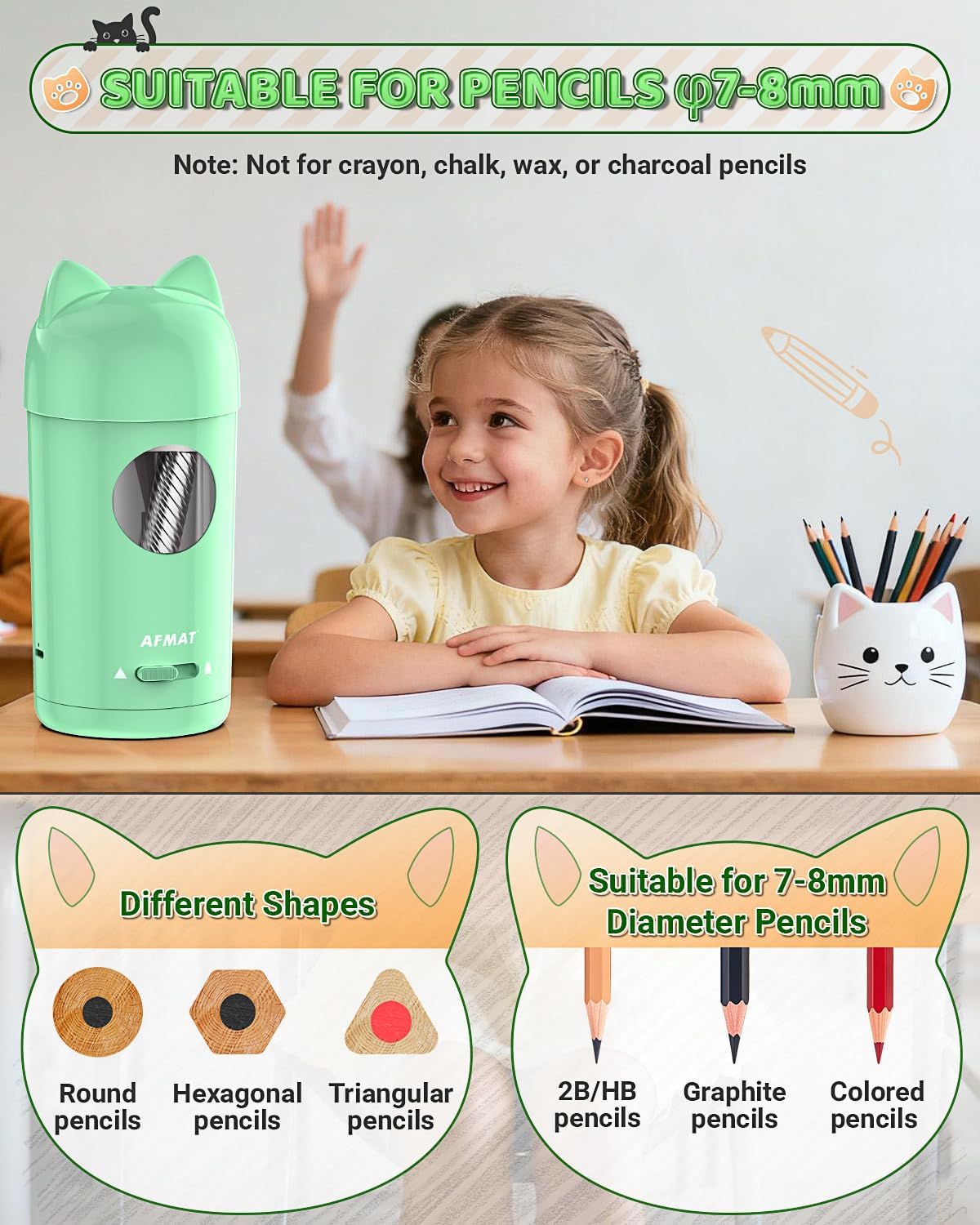 Thumbnail 3 de AFMAT Fully Automatic Electric Pencil Sharpener with Cat-Ear Design (Green PSX9) for 7–8mm Pencils