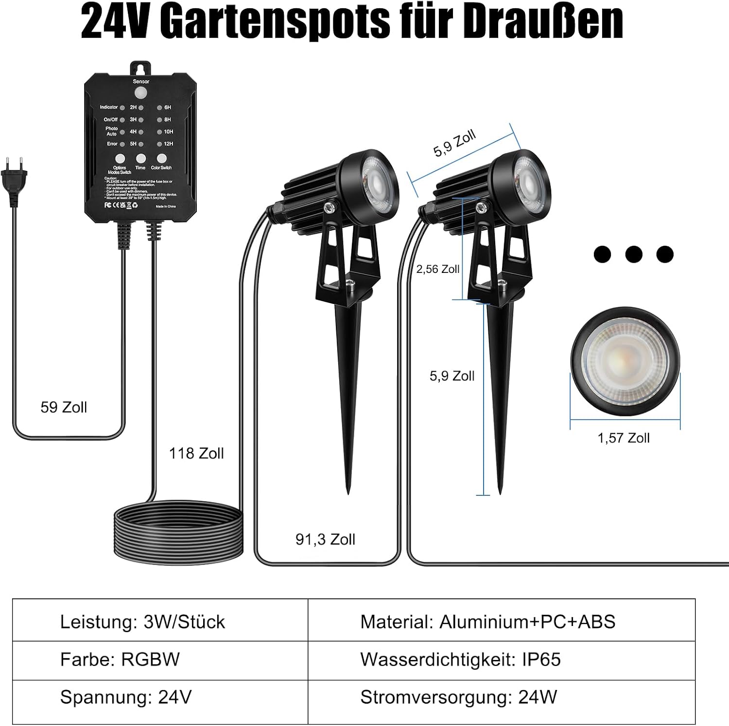 Detalle de COOLWEST RGB Gartenstrahler 8er-Set mit Fernbedienung, Lichtsensor und 24V, IP65 – 20 m Kabelsalat inklusive