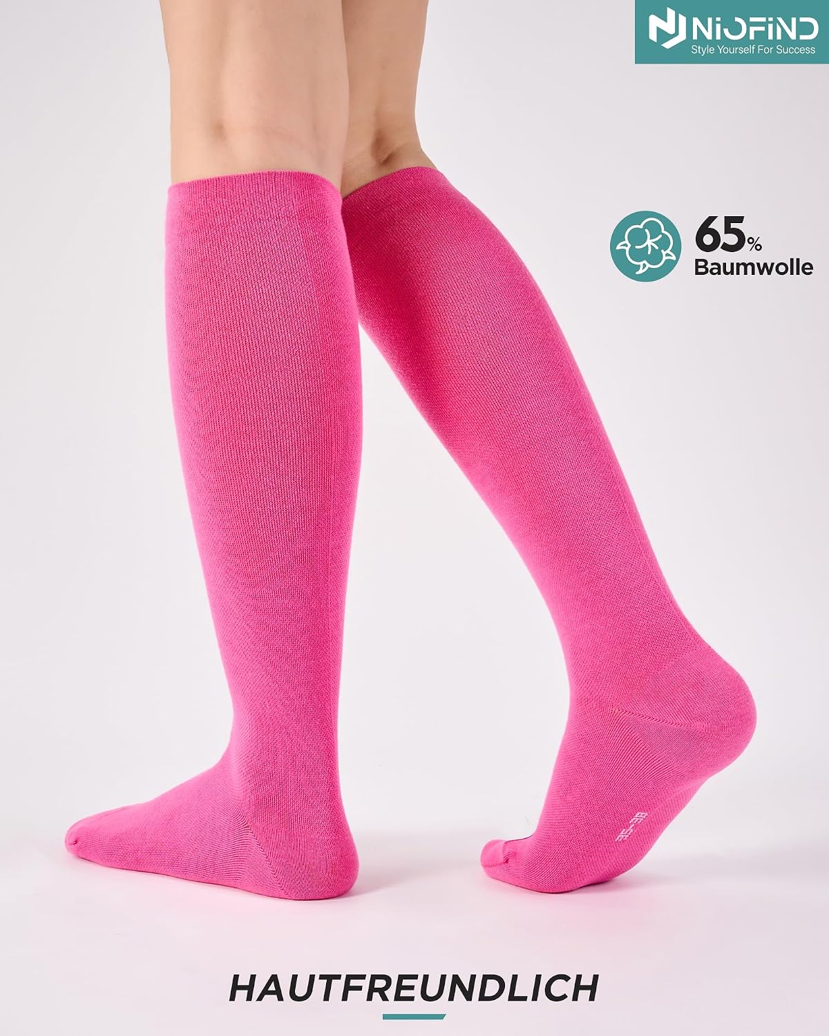 Detalle de Niofind Kompressionsstrümpfe Damen & Herren – 2 Paar Kniestrümpfe mit 65% Baumwolle, 20–30 mmHg, ideal für Reisen, Sport, Arbeit und Schwangerschaft