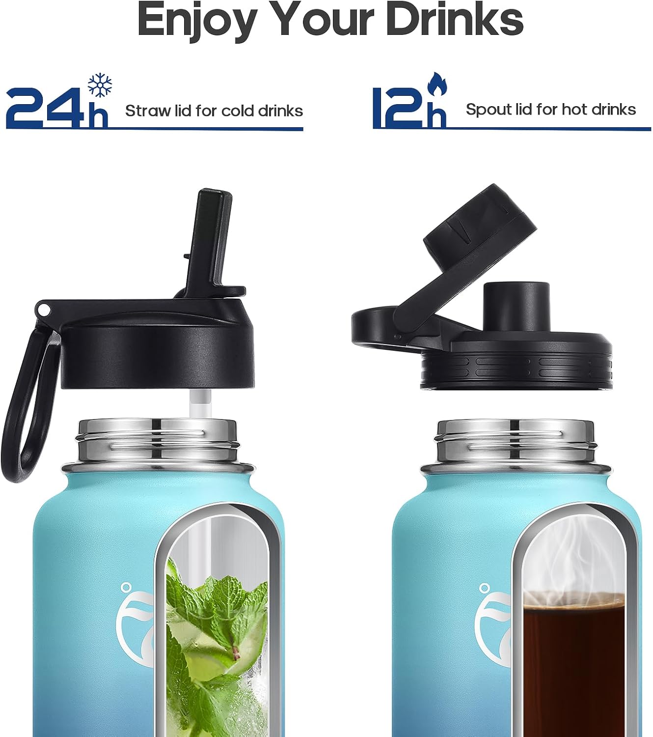 Detalle de HydroPal Vacuum Insulated Water Bottle 1200ml / 1000ml / 750ml / 500ml with 2 Lids (Straw & Spout) – BPA Free Stainless Steel