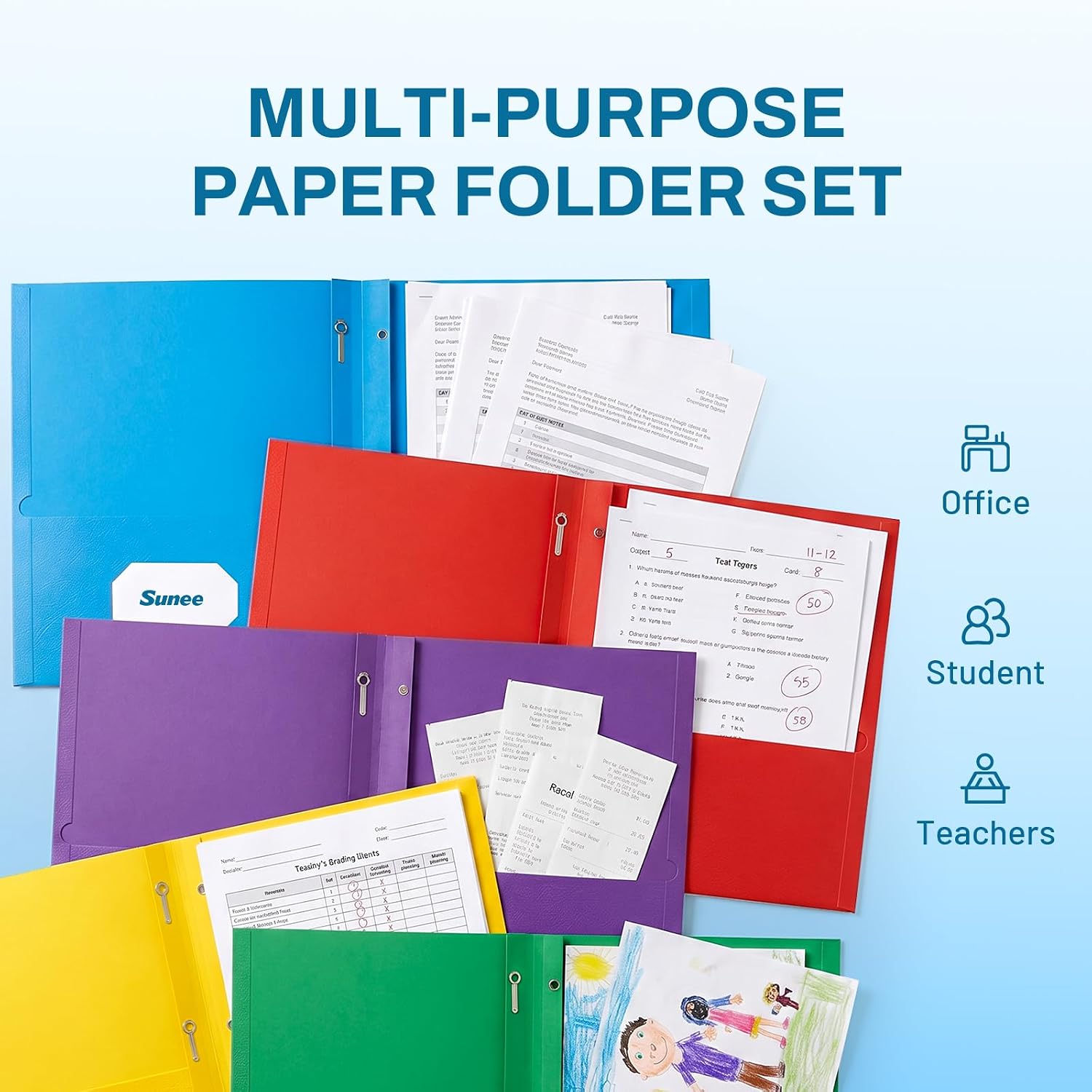 Detalle 2 de SUNEE 2-Pocket Folders with Prongs, 25-Pack in Assorted Colors