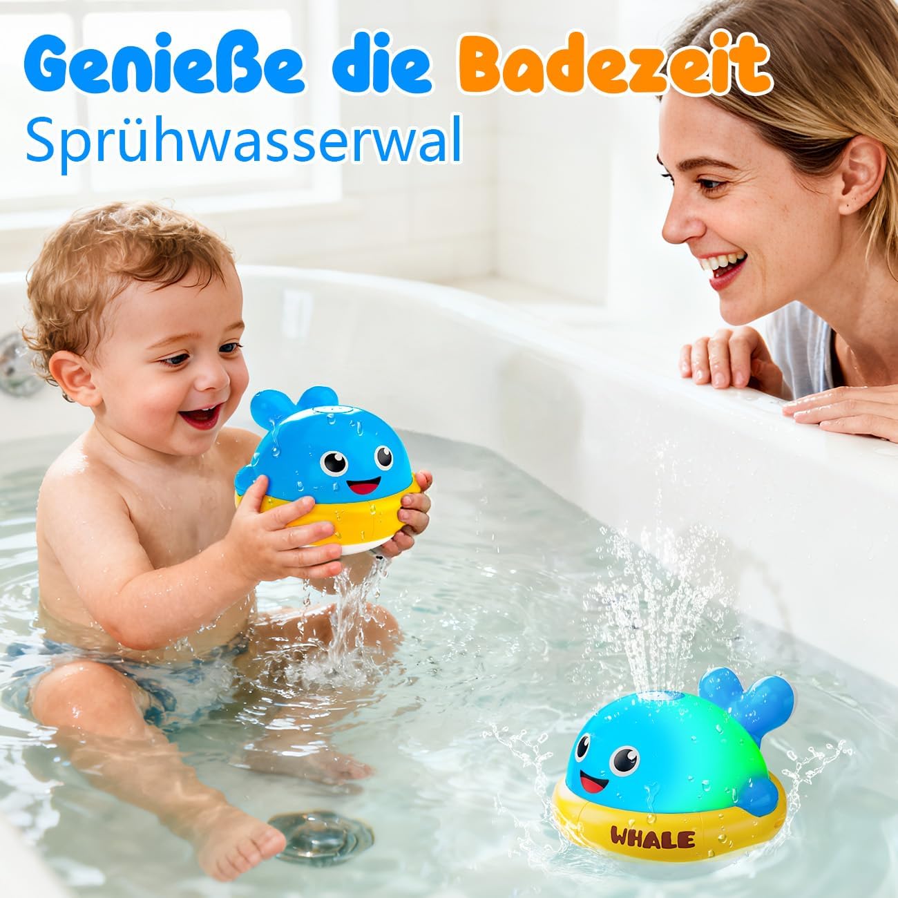 Detalle de Badewannenspielzeug Blau: Leuchtender Wal mit automatischem Sprühstrahl