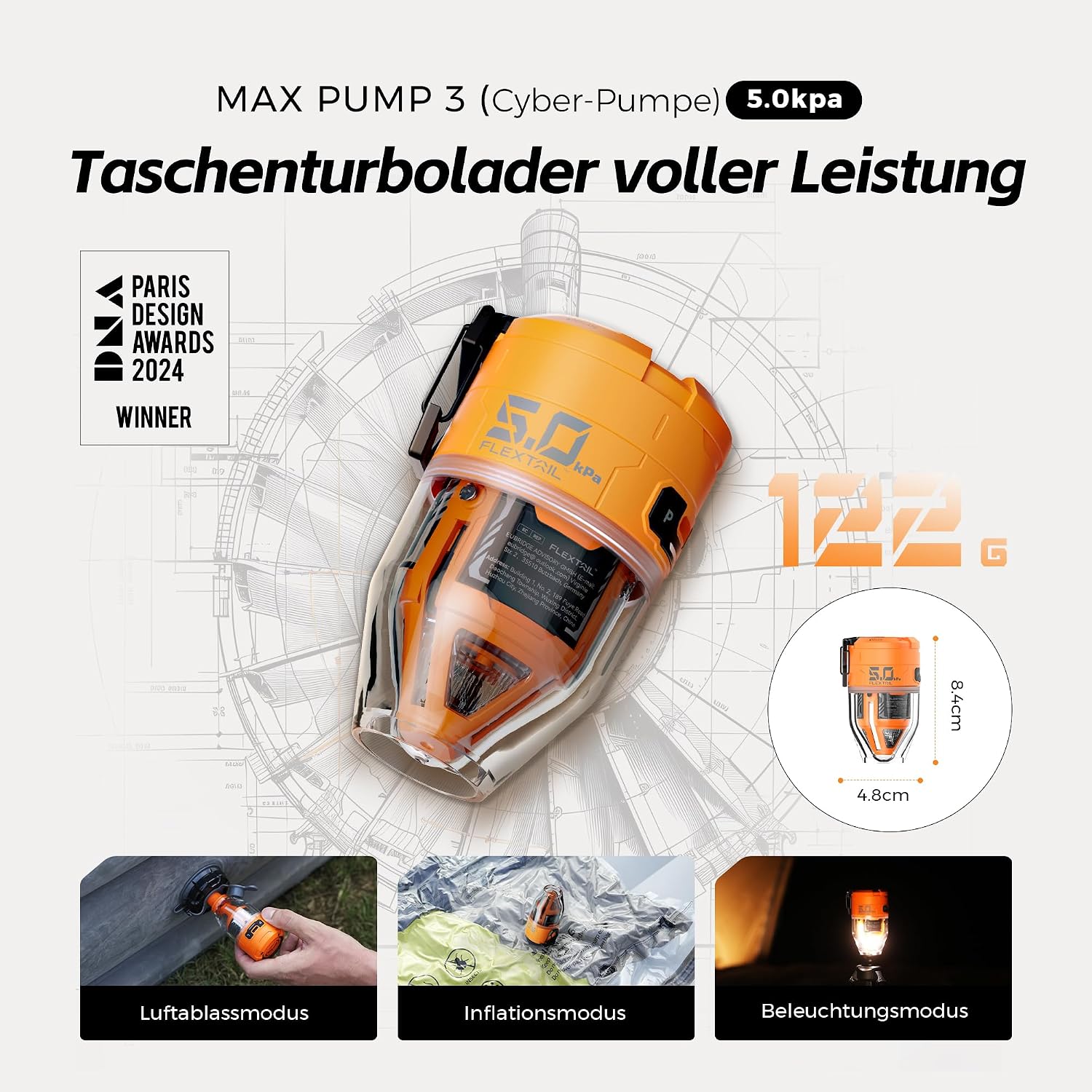 Detalle 2 de FLEXTAILGEAR MAX Pump 3 – Tragbare Luftpumpe mit Beleuchtung, USB-Aufladung und 6 Düsen