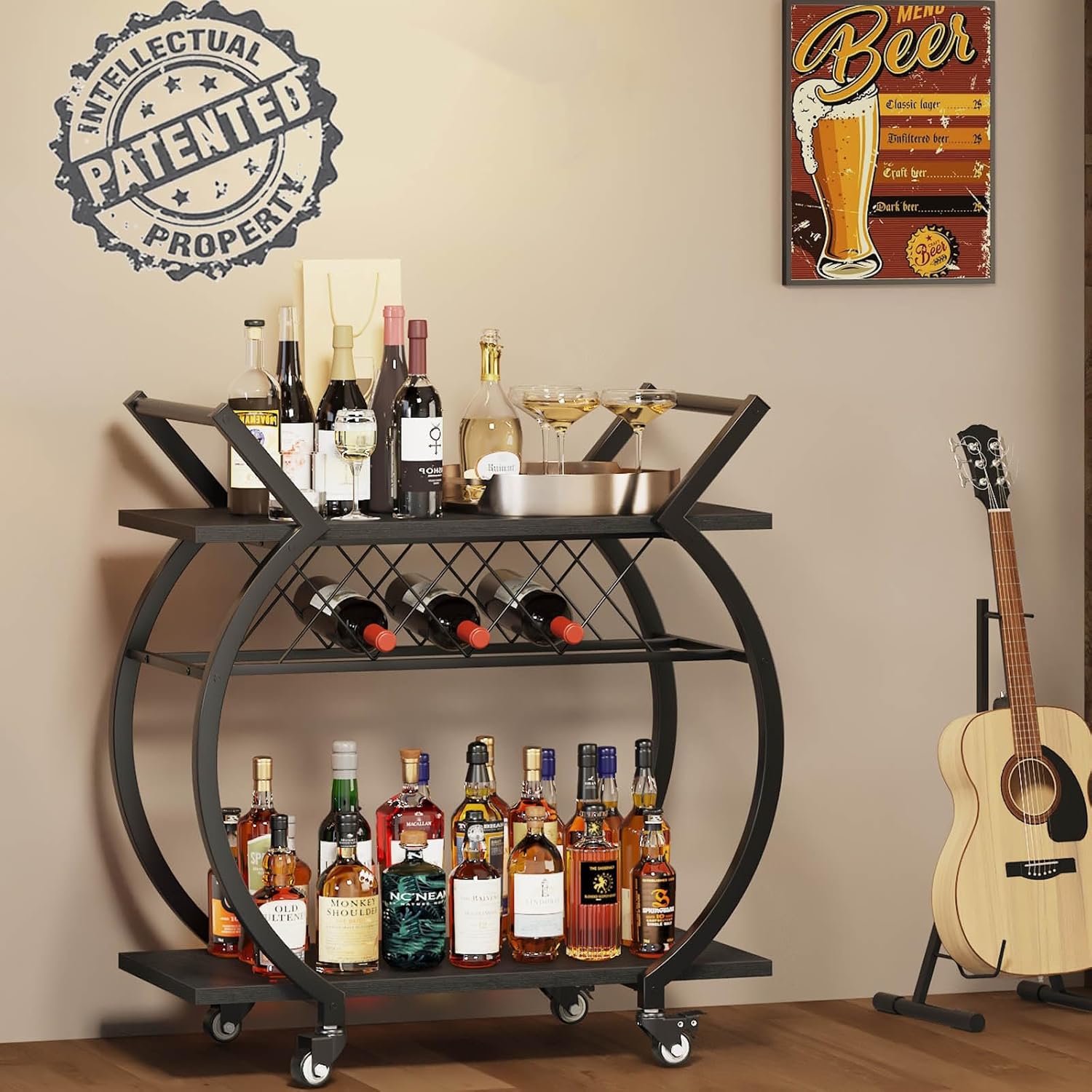 Thumbnail 2 de LVB Carrello Portabevande Nero: carrello bar con ruote in legno/metallo per vino e bevande