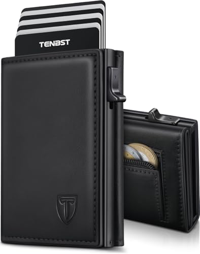 Detalle de TENBST Cartera Hombre de Cuero: Tarjetero RFID, compacto y elegante con caja de regalo