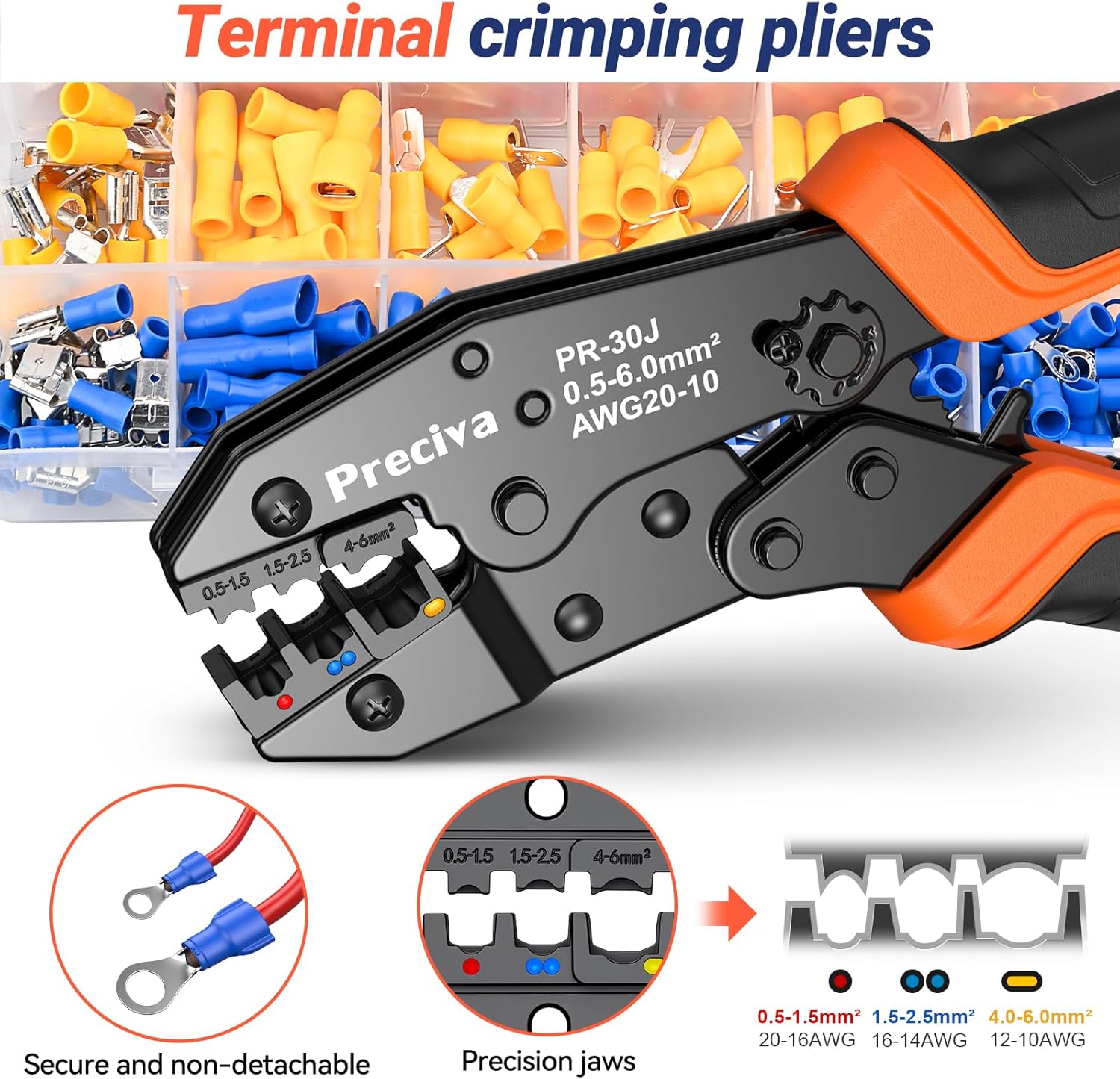 Detalle 2 de Pince à Sertir Preciva 0,5–6 mm², 18 Types, 400 cosses électriques isolées – cliquet et précision