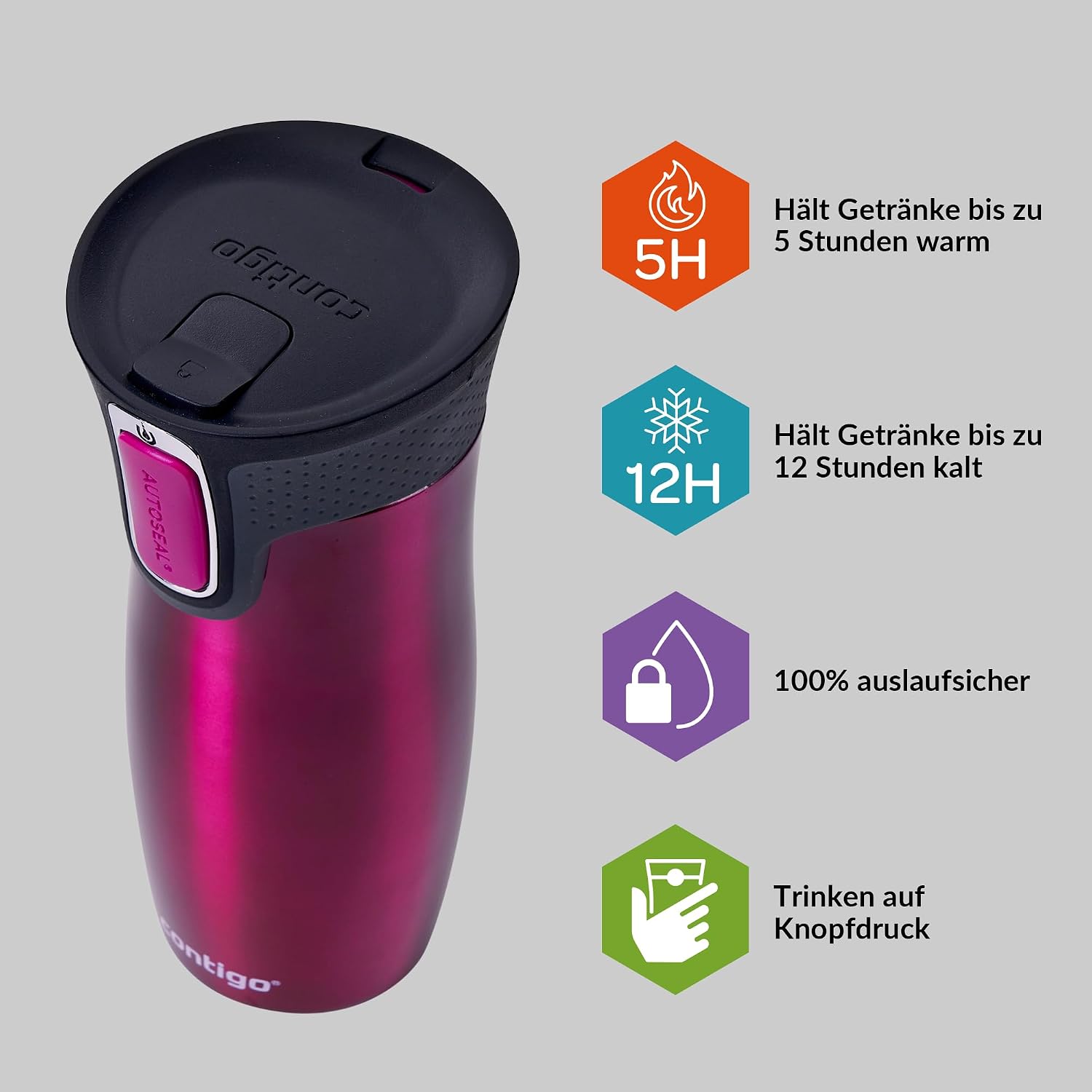 Detalle de Contigo Thermobecher West Loop Autoseal aus Edelstahl (470 ml) – auslaufsicherer Reisebecher