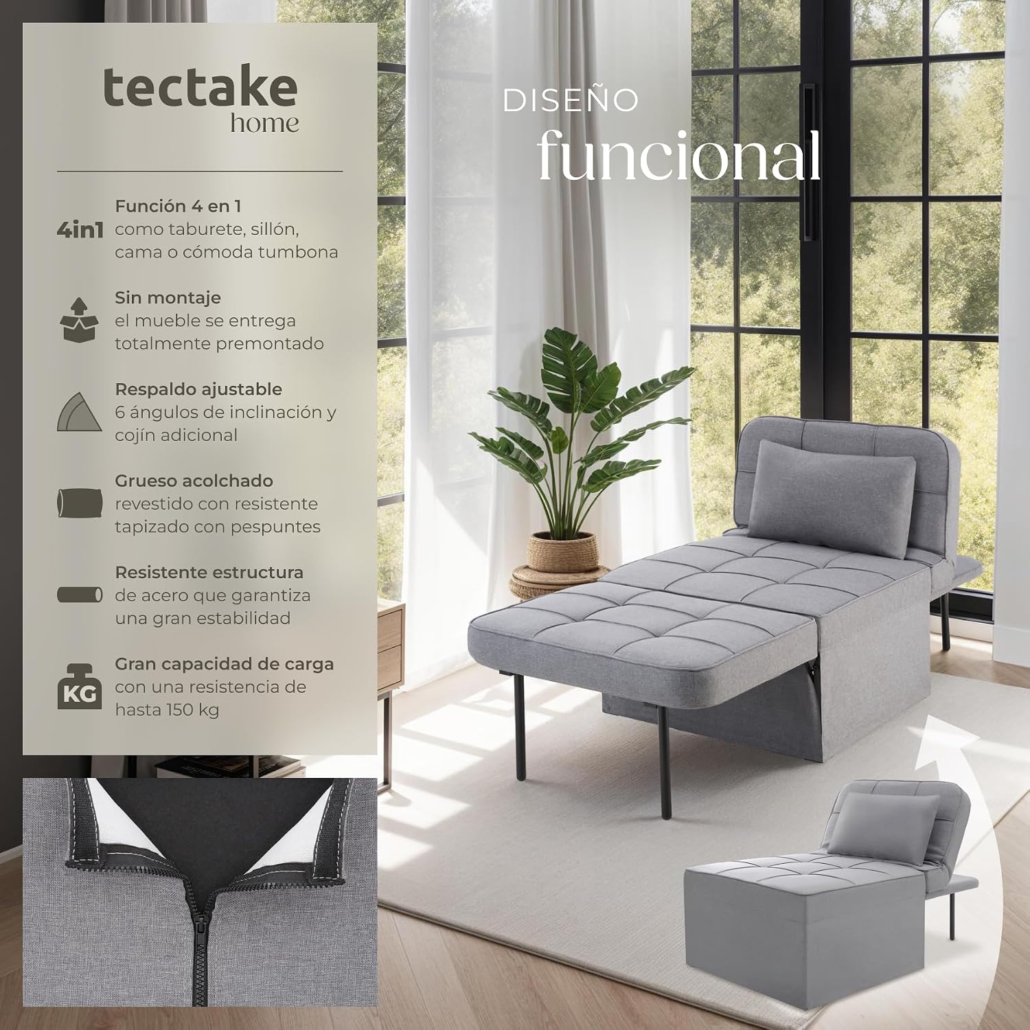 Detalle 2 de tectake 4 en 1 Sillón cama plegable 150 kg