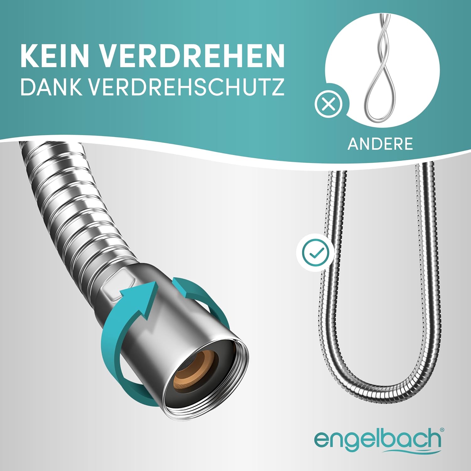 Detalle de Engelbach Duschschlauch 2m mit doppeltem Verdrehschutz – Edelstahl, universal ½” Anschluss