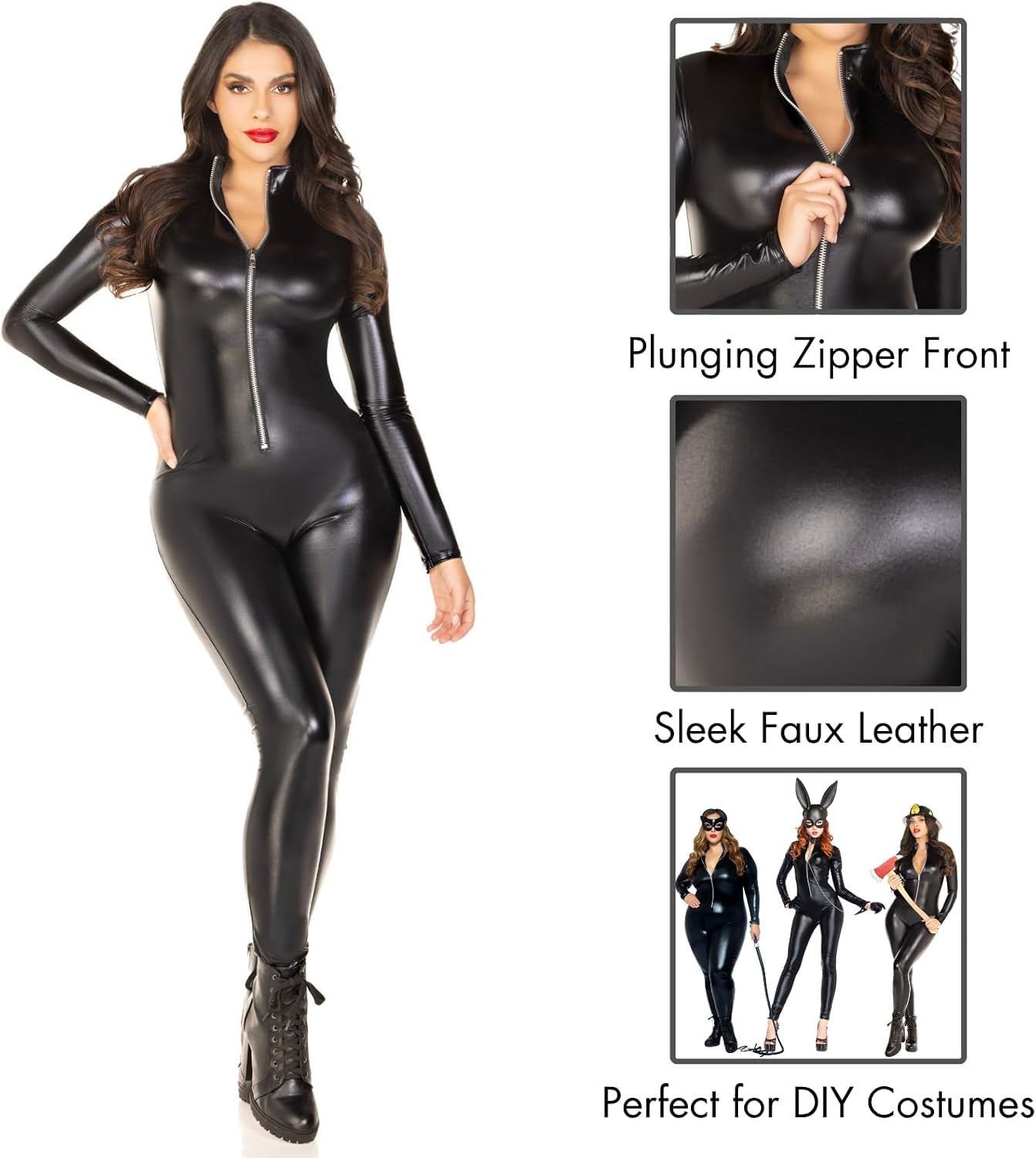 Detalle 2 de Leg Avenue Wet Look Zipper-Front Catsuit, Stretch Faux-Leather Look