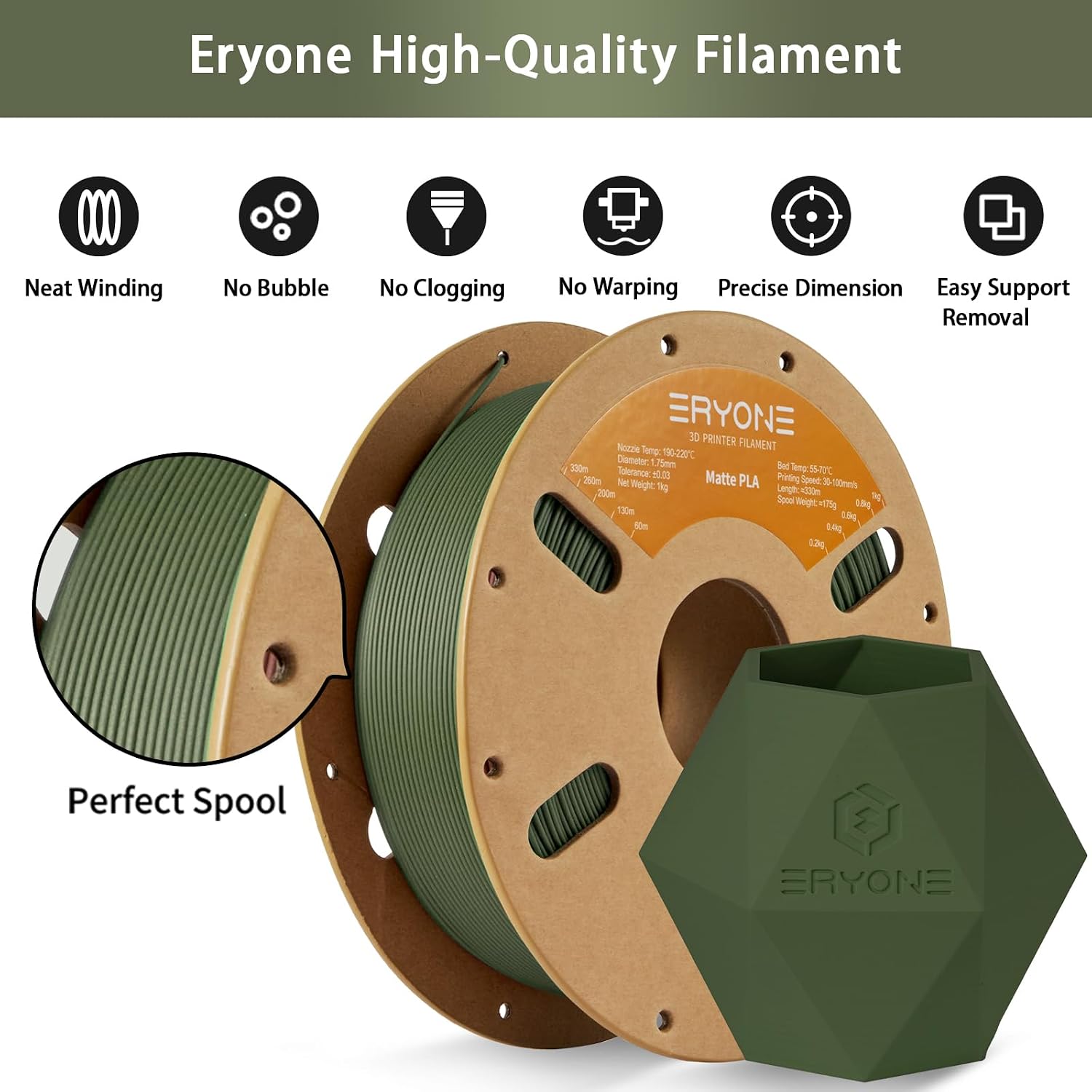 Thumbnail 3 de ERYONE Matte PLA Filament 1.75mm (Matte Olive Green) – 1kg spool, +/-0.03mm