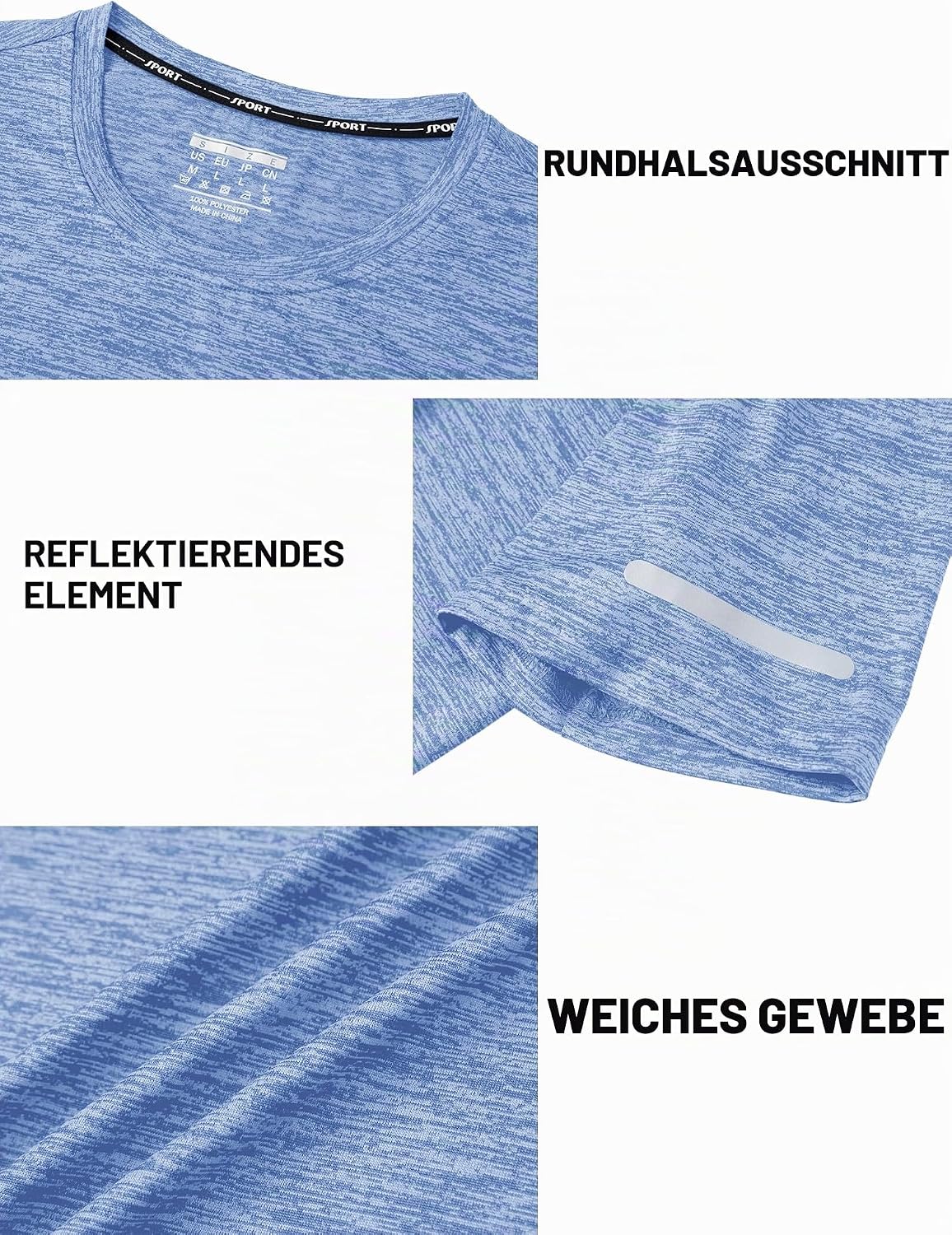 Detalle 2 de TACVASEN Herren Meliert Sport-T-Shirt Kurzarm mit reflektierenden Streifen
