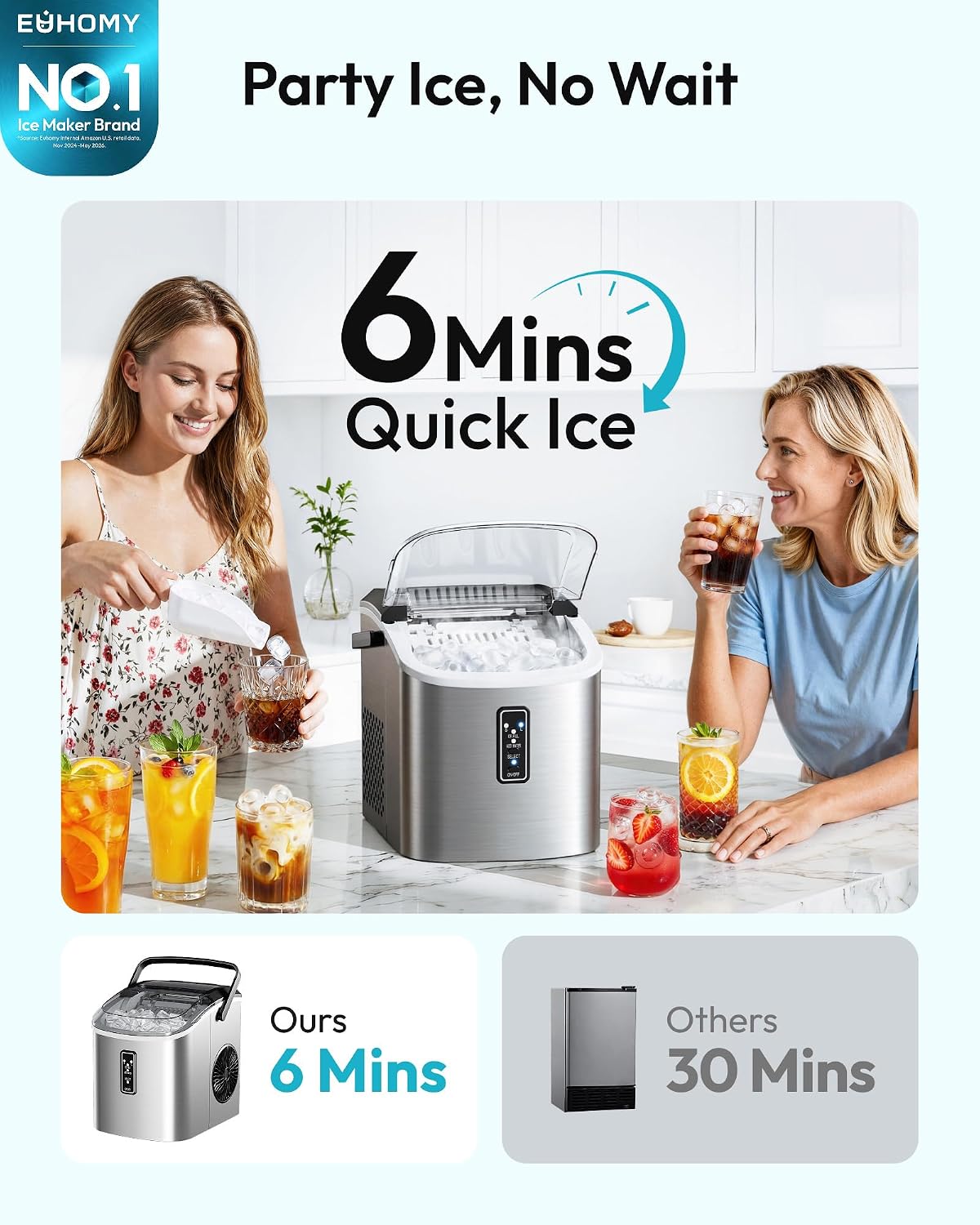 Detalle de EUHOMY IM008-B Countertop Ice Maker, Two Bullet Ice Sizes, Self-Cleaning