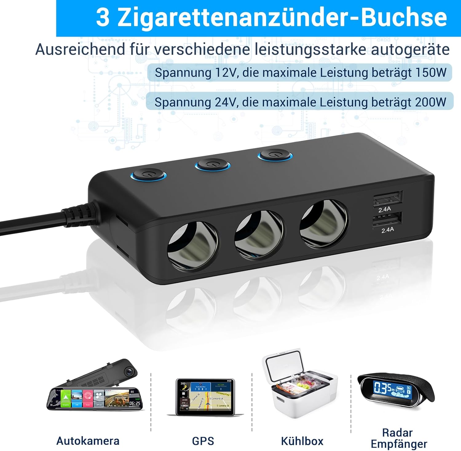 Thumbnail 3 de PD 30W 12V Verteiler 200W KFZ-Zigarettenanzünder Adapter mit Schalter & 4× USB – 3 Mehrfachsteckdosen