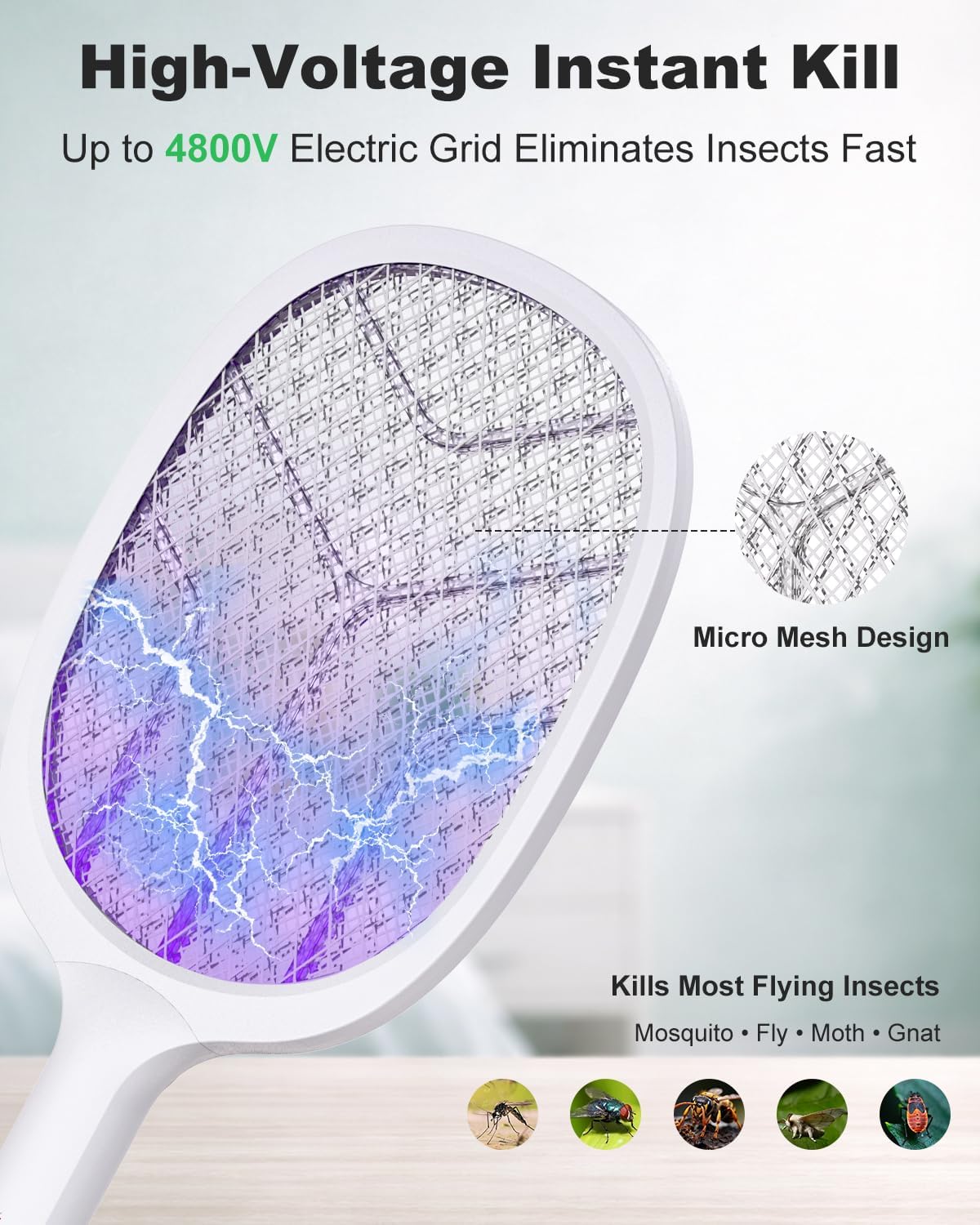 Detalle de URSICO Electric Fly Swatter 4800V / 2-in-1 Bug Zapper: Rechargeable Mosquito Killer for Indoor and Outdoor Use
