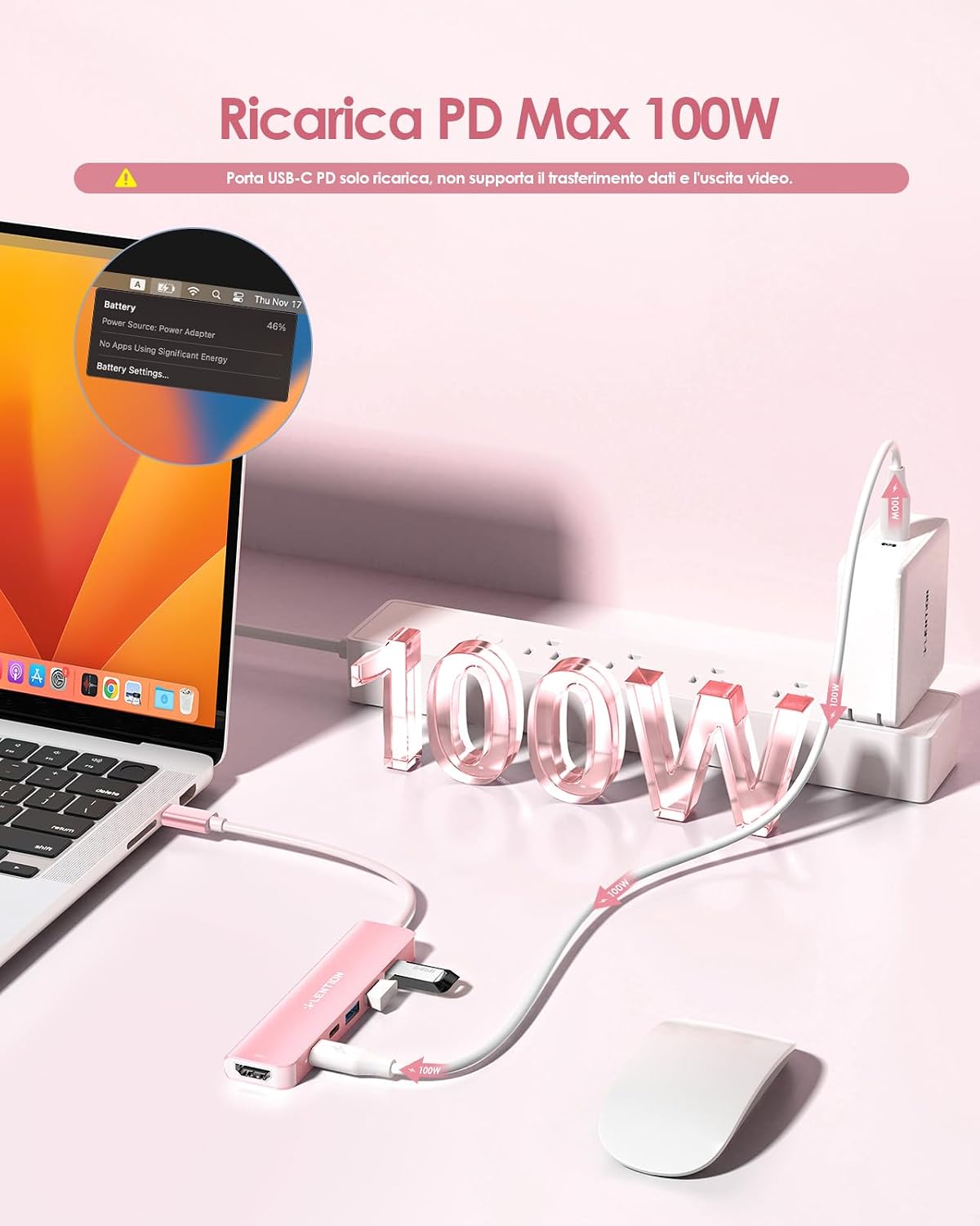 Detalle 1 de LENTION hub USB C HDMI 4K 60Hz PD 100W