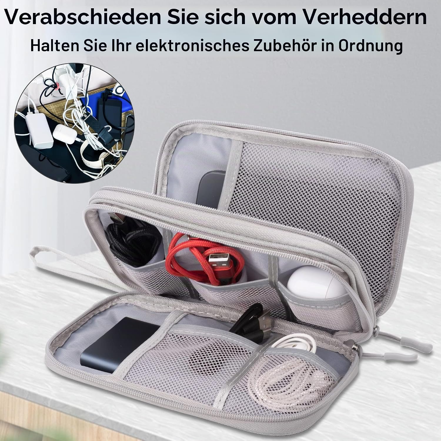 Detalle de Arae Elektronik Zubehör Organizer – Doppelschicht Kabeltasche, Grau