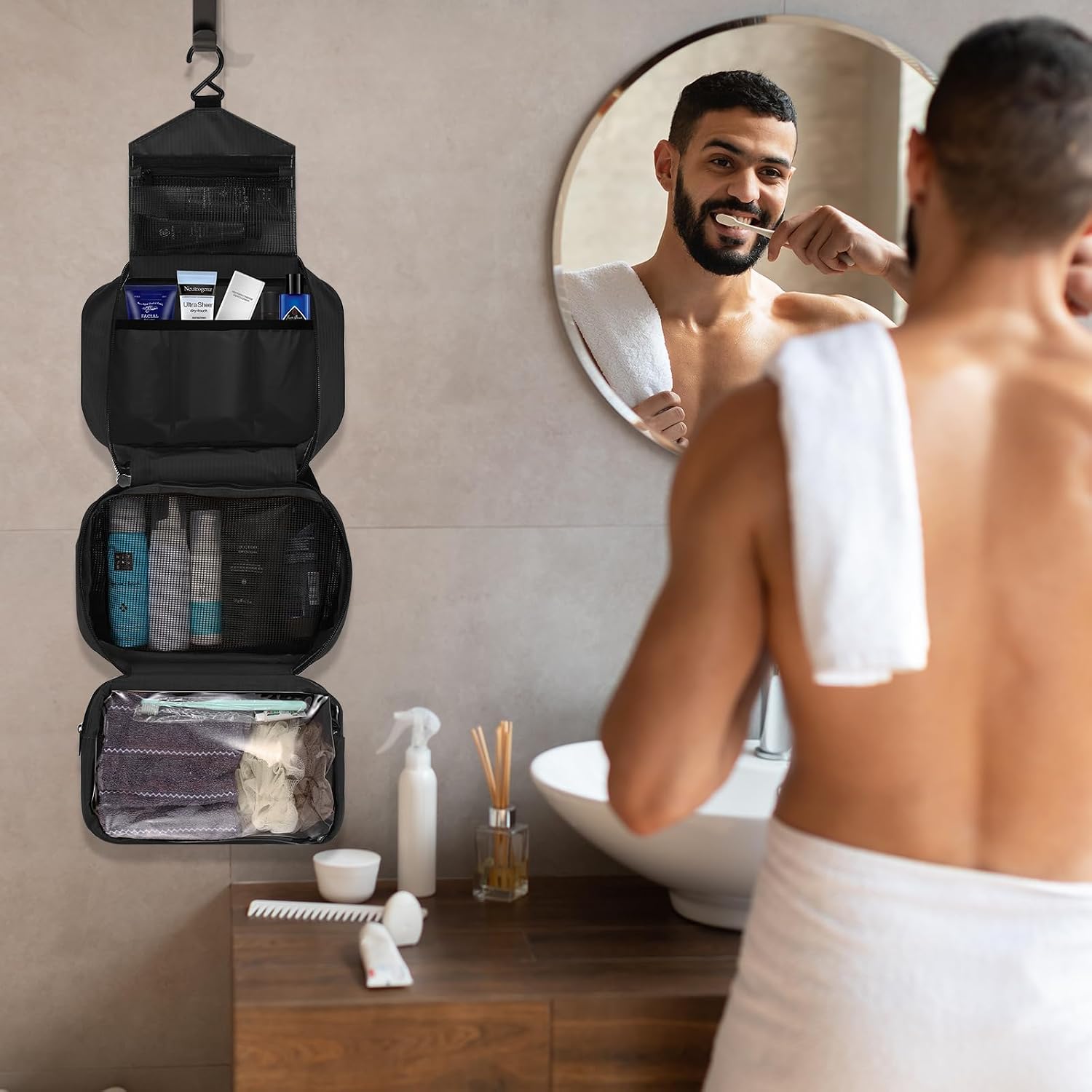 Thumbnail 4 de homchen Hängende Reise-Toilettentasche aus wasserabweisendem Oxford-Stoff (faltbar) – für Männer & Frauen