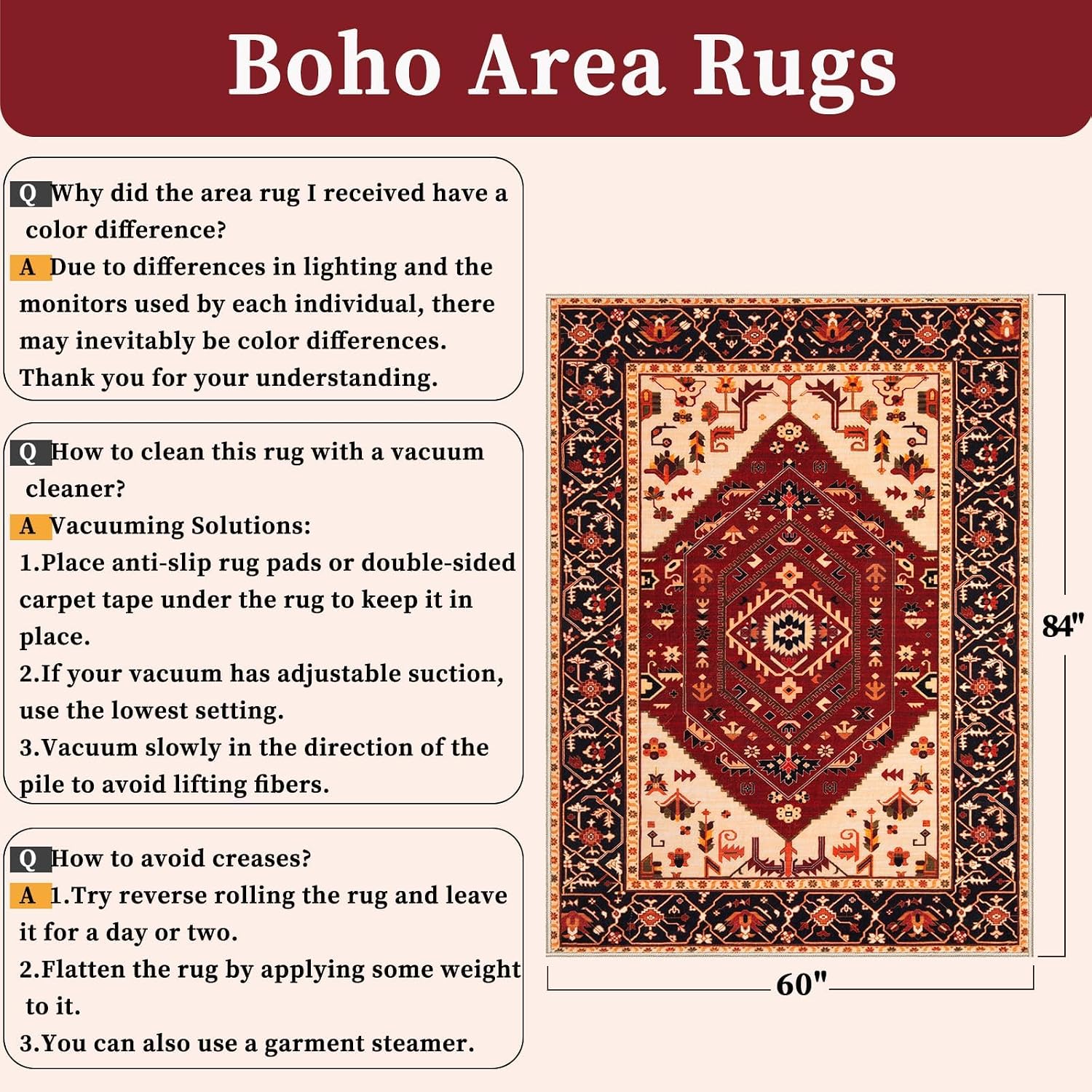 Detalle de SERISSA 5x7 Boho Area Rug — Washable, Non-Slip, Ultra-Soft Vintage Oriental Print