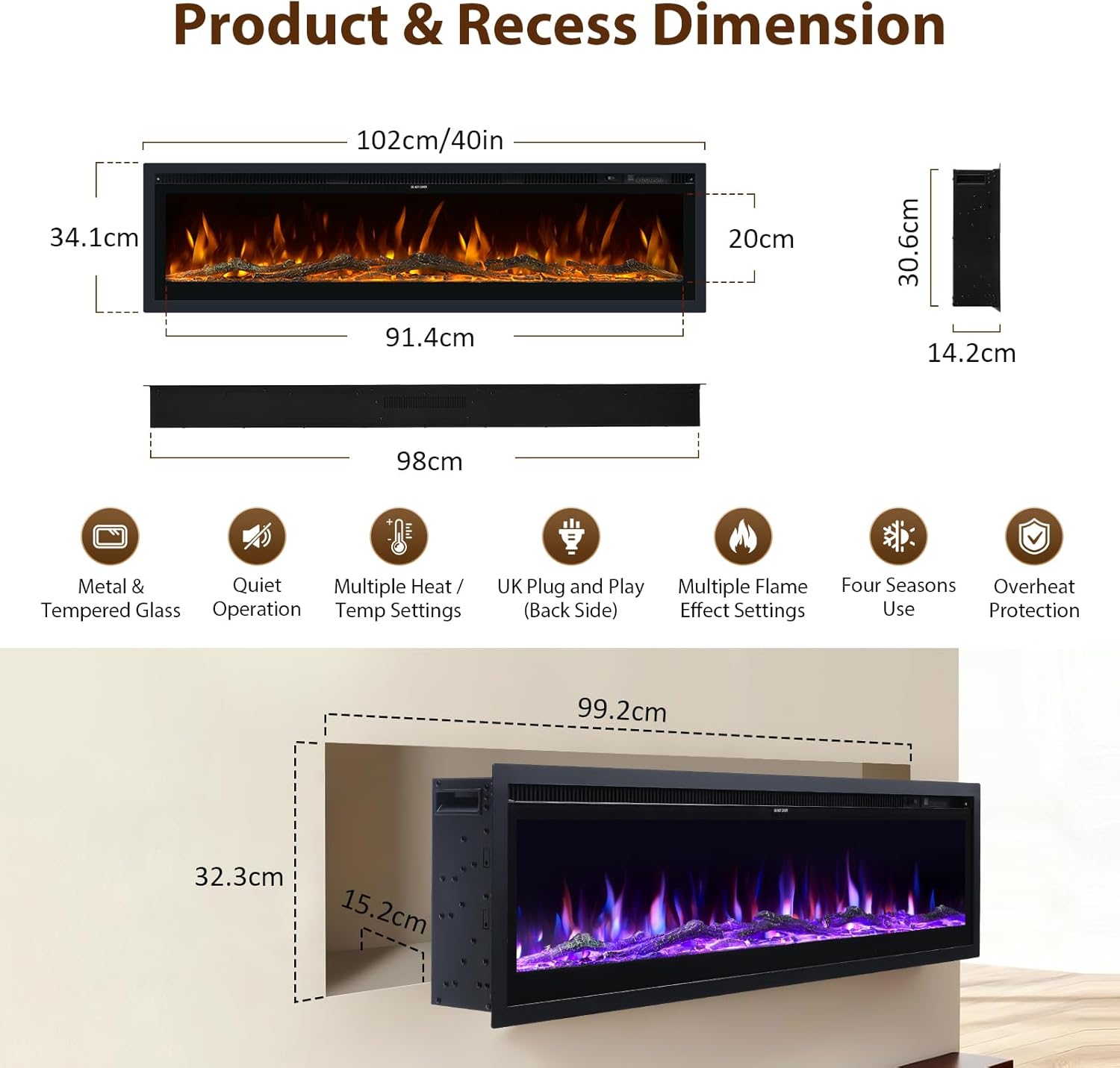 Thumbnail 1 de INMOZATA Electric Fire Wall Mounted/Recessed/Freestanding 102cm Electric Fireplace with Remote & Touch Screen Control 12 LED Color Flame Effect, 2 Heat Settings 900W&1800W, Crystal & Log Set
INMOZATA Electric Fire Wall Mounted/Recessed/Freest…