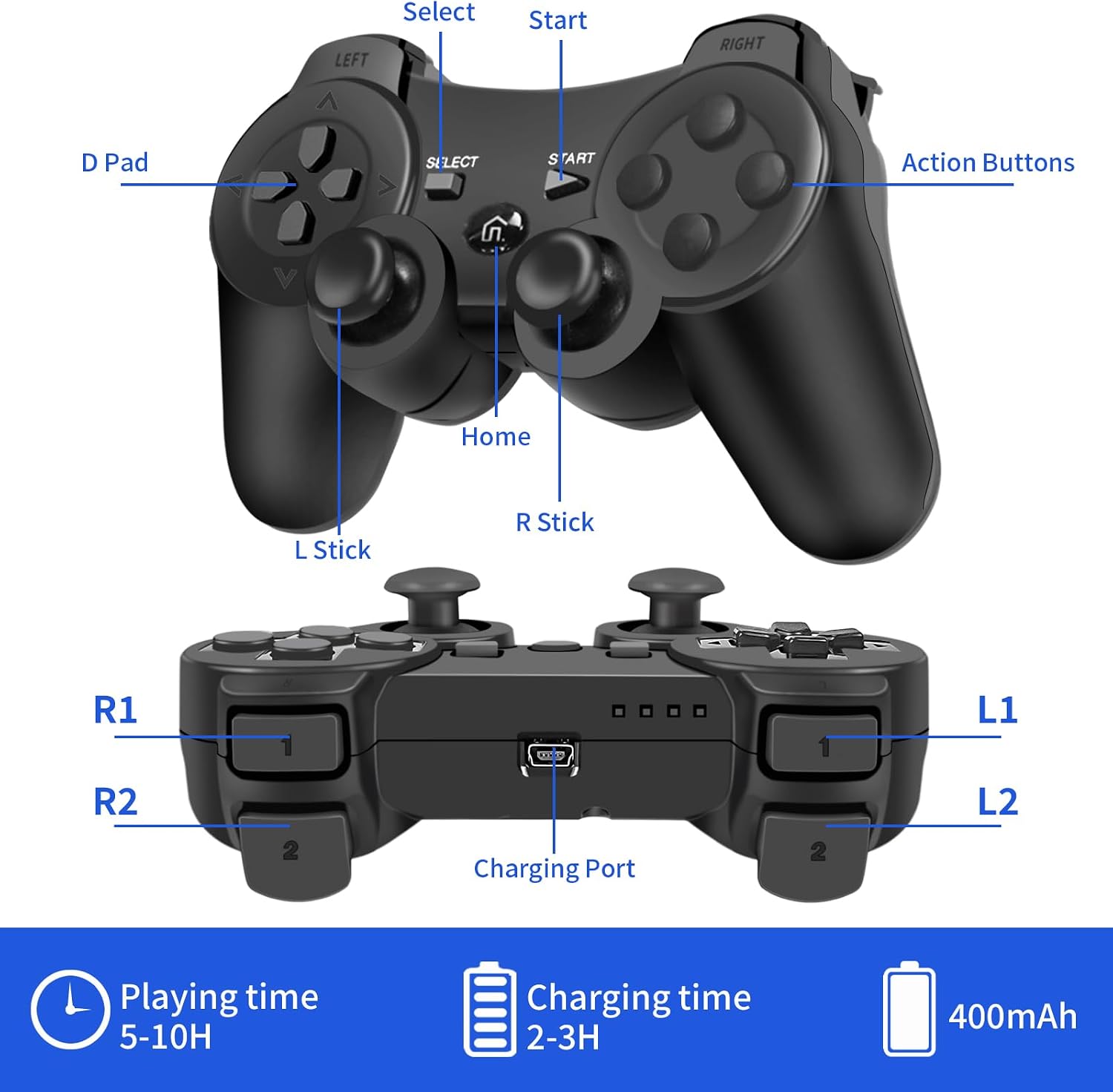 Detalle 2 de gamtooy Mando Play3: Control inalámbrico compatible con PS3 y PC (con vibración doble y sensor de movimiento)