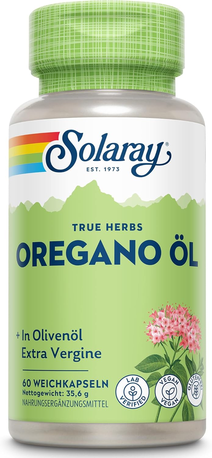 Detalle de Solaray Oreganoöl 150 mg – 60 vegane Softgels mit nativem Olivenölextra, Omega-3 & 6