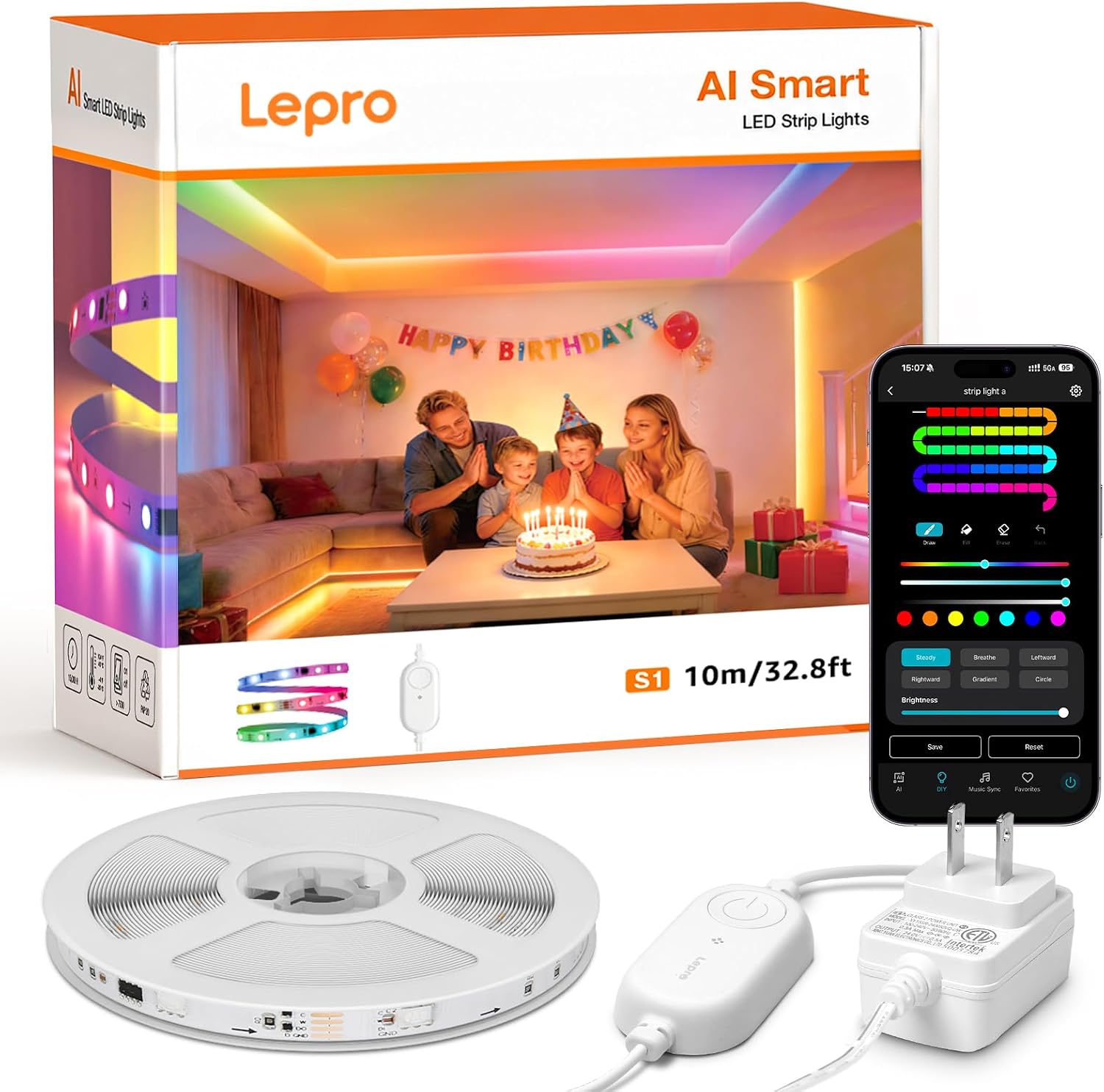 Detalle de Lepro S1 AI RGBIC LED Strip Lights, 32.8 ft, Wi-Fi and Music Sync