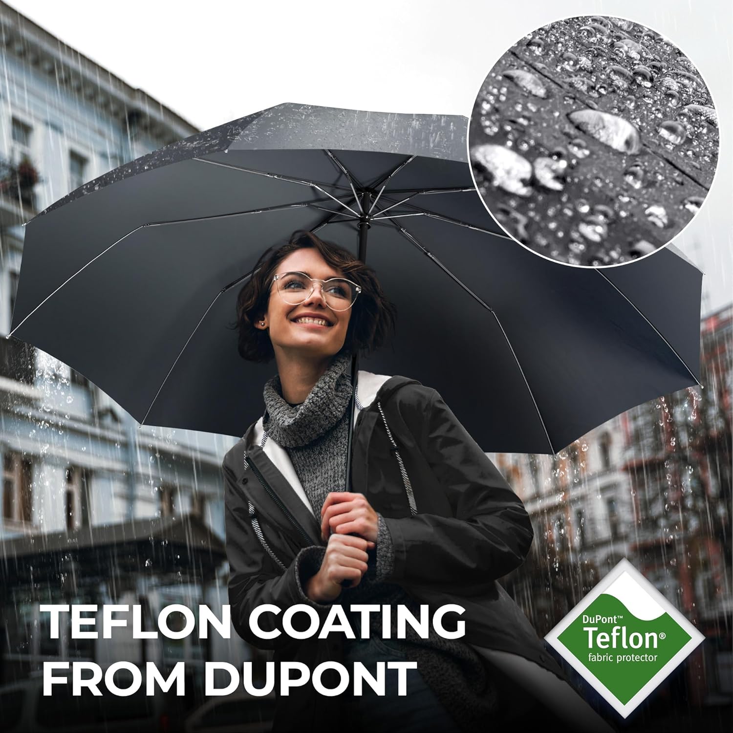 Thumbnail 3 de Windproof Compact Umbrella with Double Canopy, Auto Open/Close and Teflon Coating (Grey) – Strong Storm Proof Frame