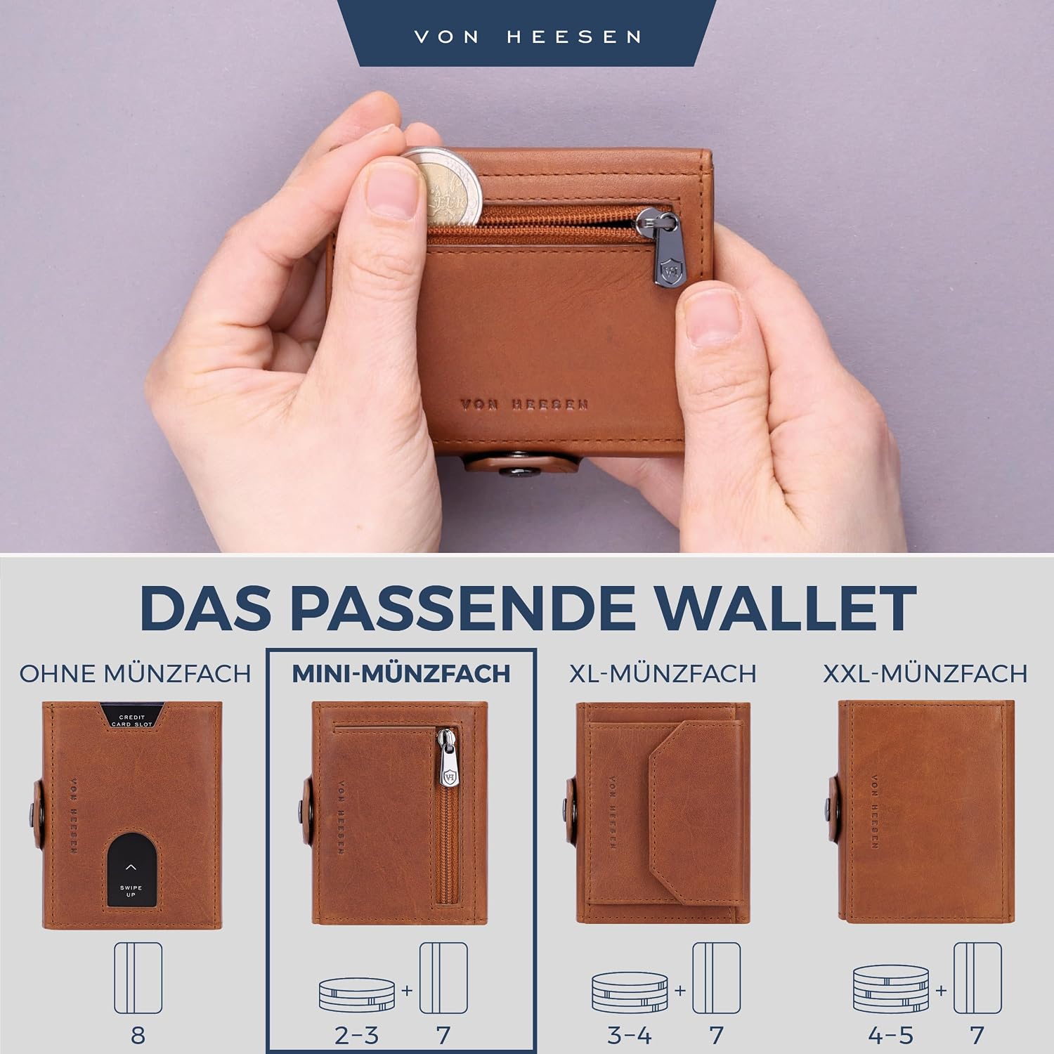 Thumbnail 5 de VON HEESEN Slim Wallet Cognac Waxy 9,2×7,7×2,2 cm
