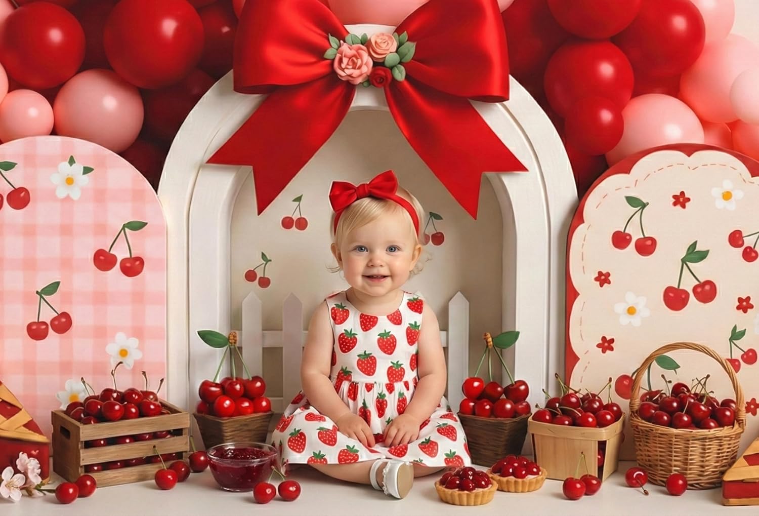 Thumbnail 5 de Kate Cake Smash Cherry Pie Photography Backdrop 7x5ft (2.2x1.5m) - Bow Tie Cherry Sandwich Balloon Arch Theme