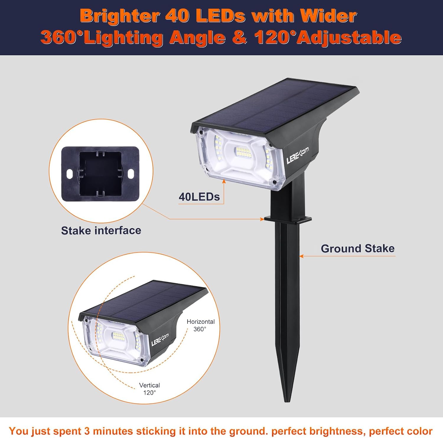 Detalle 2 de LEREKAM C2 Solar Spotlights, 40-LED Cool White, IP65, 2-Pack